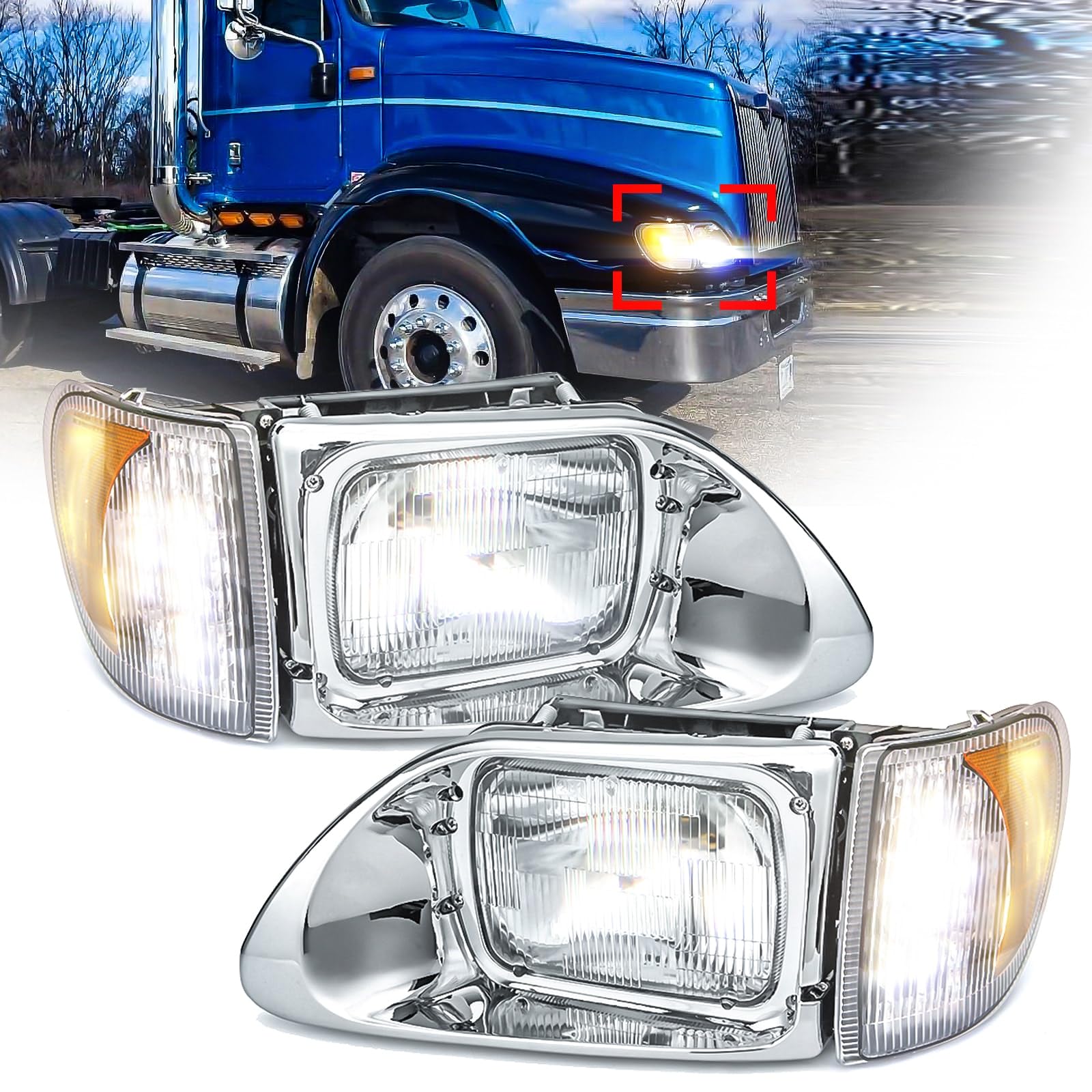 LED Headlight Assembly for International 9200/9200iSBA/5900/5900i/5900iSBA/9400/9400iSBA Semi Trucks - Pair with LED Turn Signals | Durable Replacement Headlamps for Improved Night Driving Safety