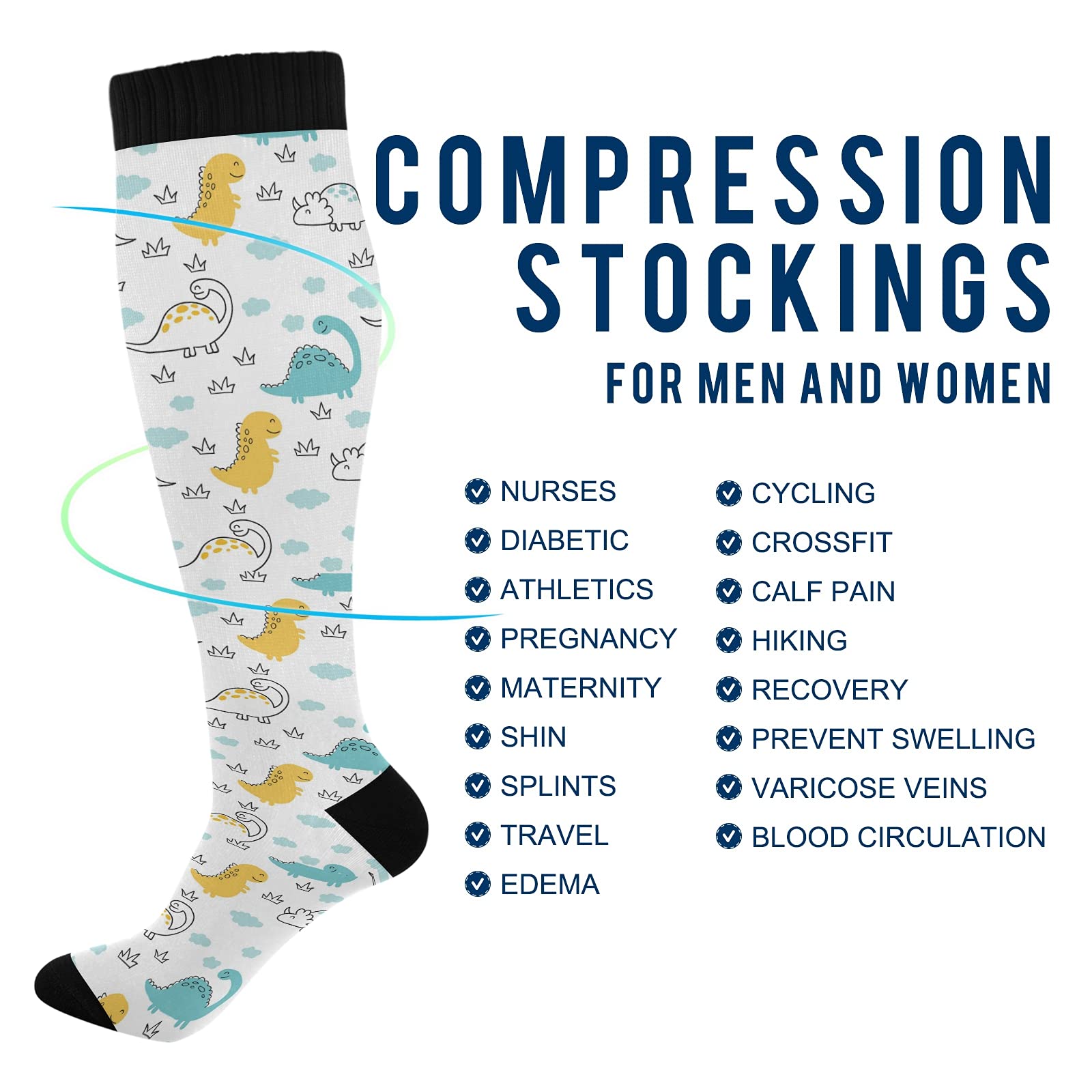 JUNZAN Cute Dinosaur Compression Socks for Women & Men - Breathable Arch Support Socks for Running, Cycling, Nursing & Travel - Improve Blood Circulation & Reduce Fatigue