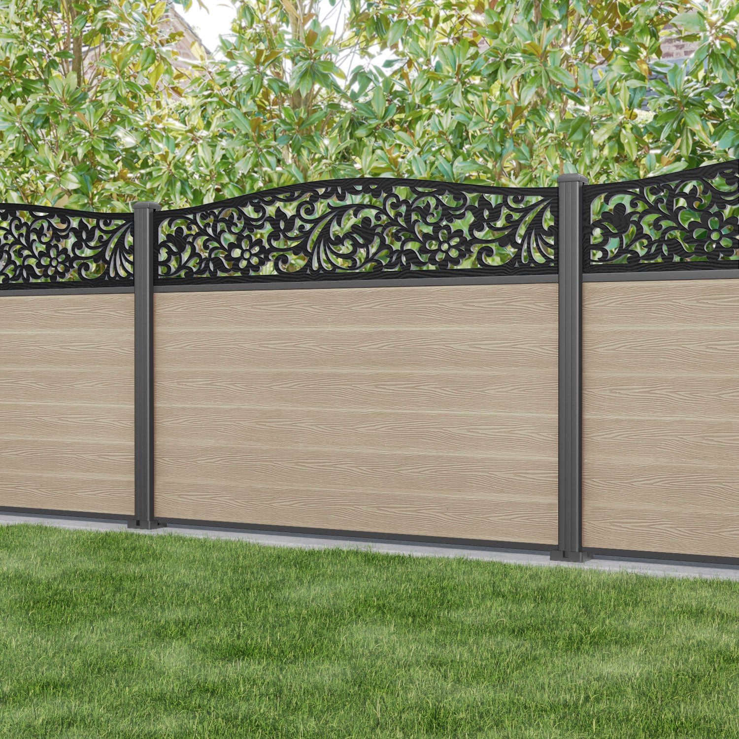 Classic Eden Curved Top Fence Panel - Light Oak Wood Privacy Fence with Aluminum Posts | Outdoor Garden, Yard, and Backyard Decoration & Security Solution