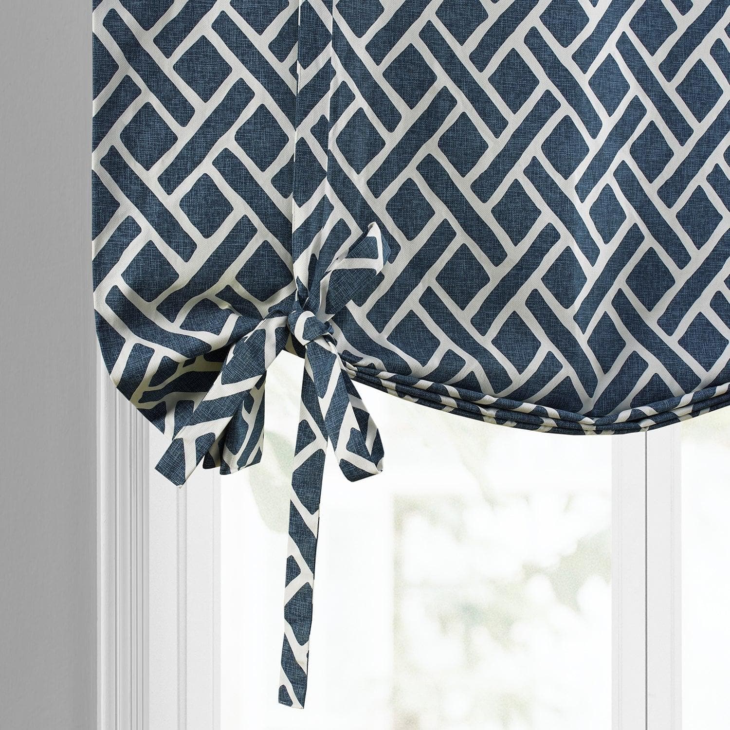 Martinique Blue Geometric Printed Cotton Blackout Window Shade - Stylish Room Darkening Tie-Up Curtain for Bedroom, Living Room & Nursery