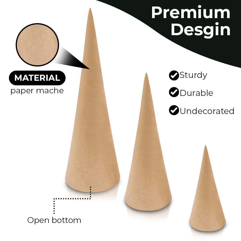 12 Pack Paper Mache Craft Cones - Open Bottom Cardboard Cones for DIY Gnomes, Ornaments, Christmas Trees - Fall, Halloween & Holiday Decorations - 3 Sizes (13.75x5, 10.63x4, 7x3 inches) - Perfect for Home Decor, Party Crafts & Seasonal DIY Projects