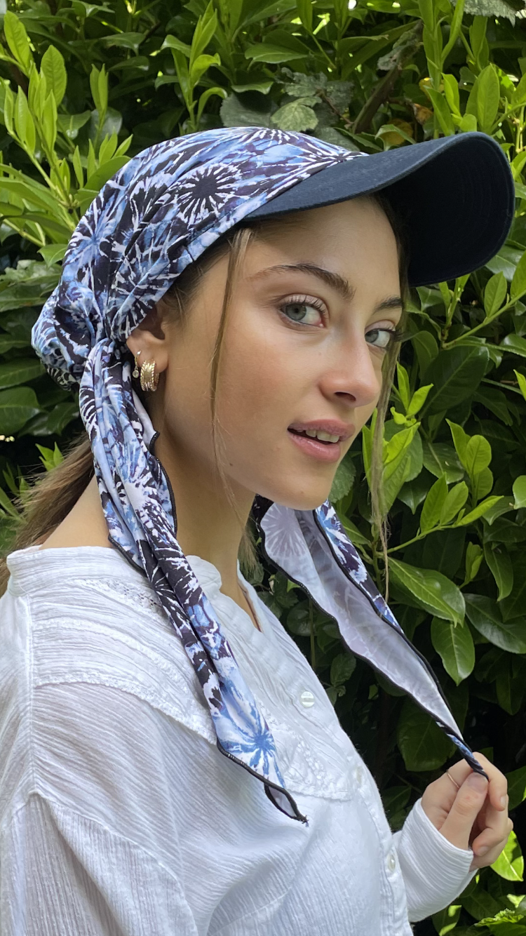 Tie Dye Blue Headwear for Women - Denim Match Sun Visor Hat with Attached Pre-Tied Scarf - UV Protection & Sun Shade - Perfect for Beach, Golf, Running & Outdoor Activities