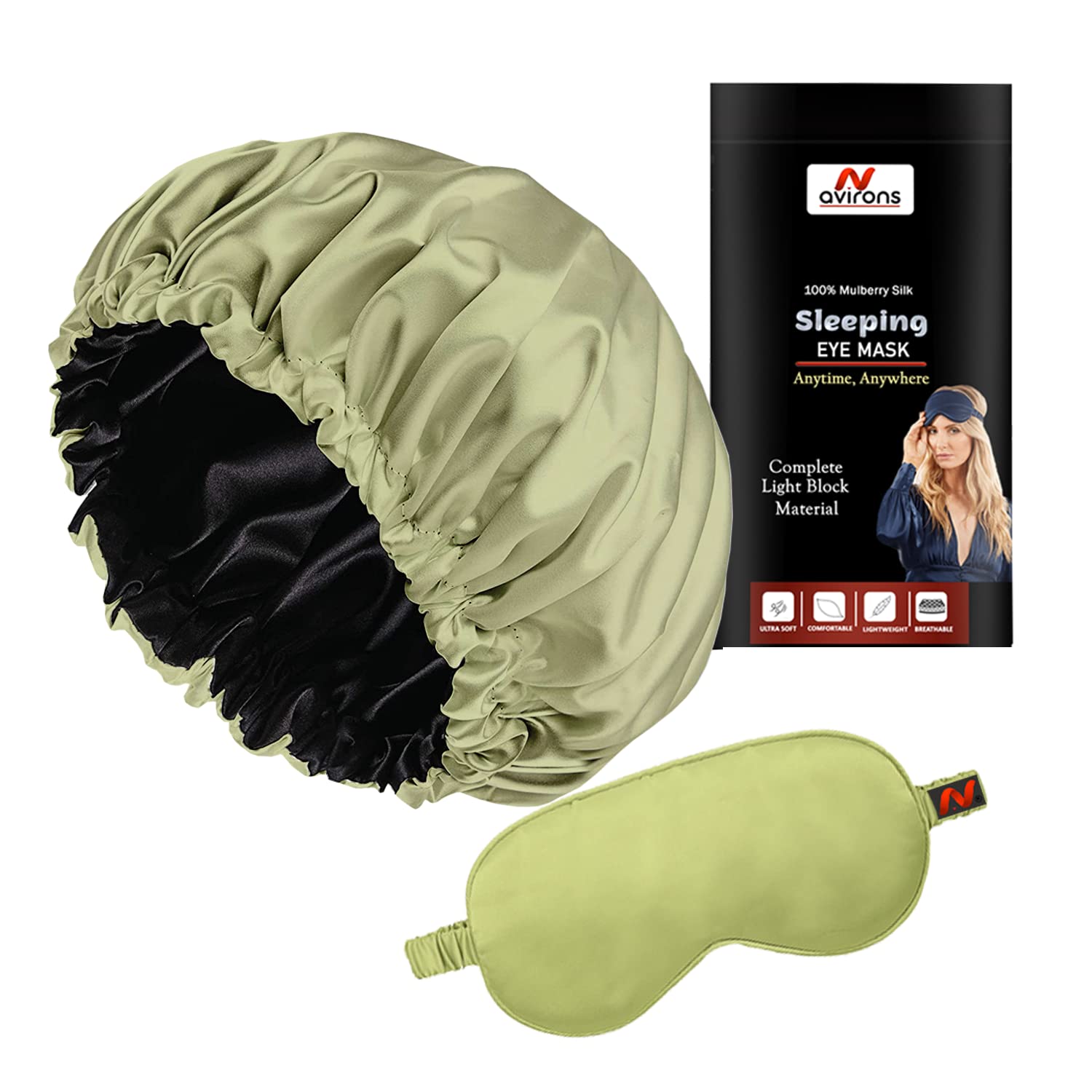 Avirons Silk Hair Cap for Sleeping with Sleep Eye Mask - Satin Bonnet for All Hair Types, Double Layer Hair Cap for Nighttime Use - Perfect for Travel, Home & Salon Use