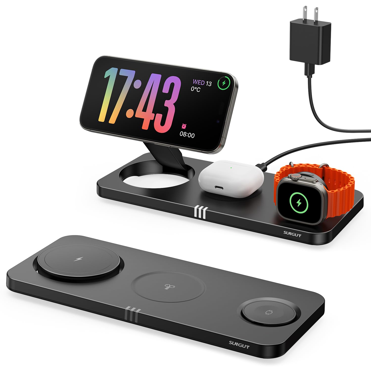 3-in-1 Wireless Charging Station for iPhone 16/15/14/13/12 Pro Max Plus, Apple Watch S10/Ultra/S2 & AirPods 4/Pro/3/2 - 15W Fast Magnetic Charger with Foldable Design | Perfect for Home, Office & Travel Use