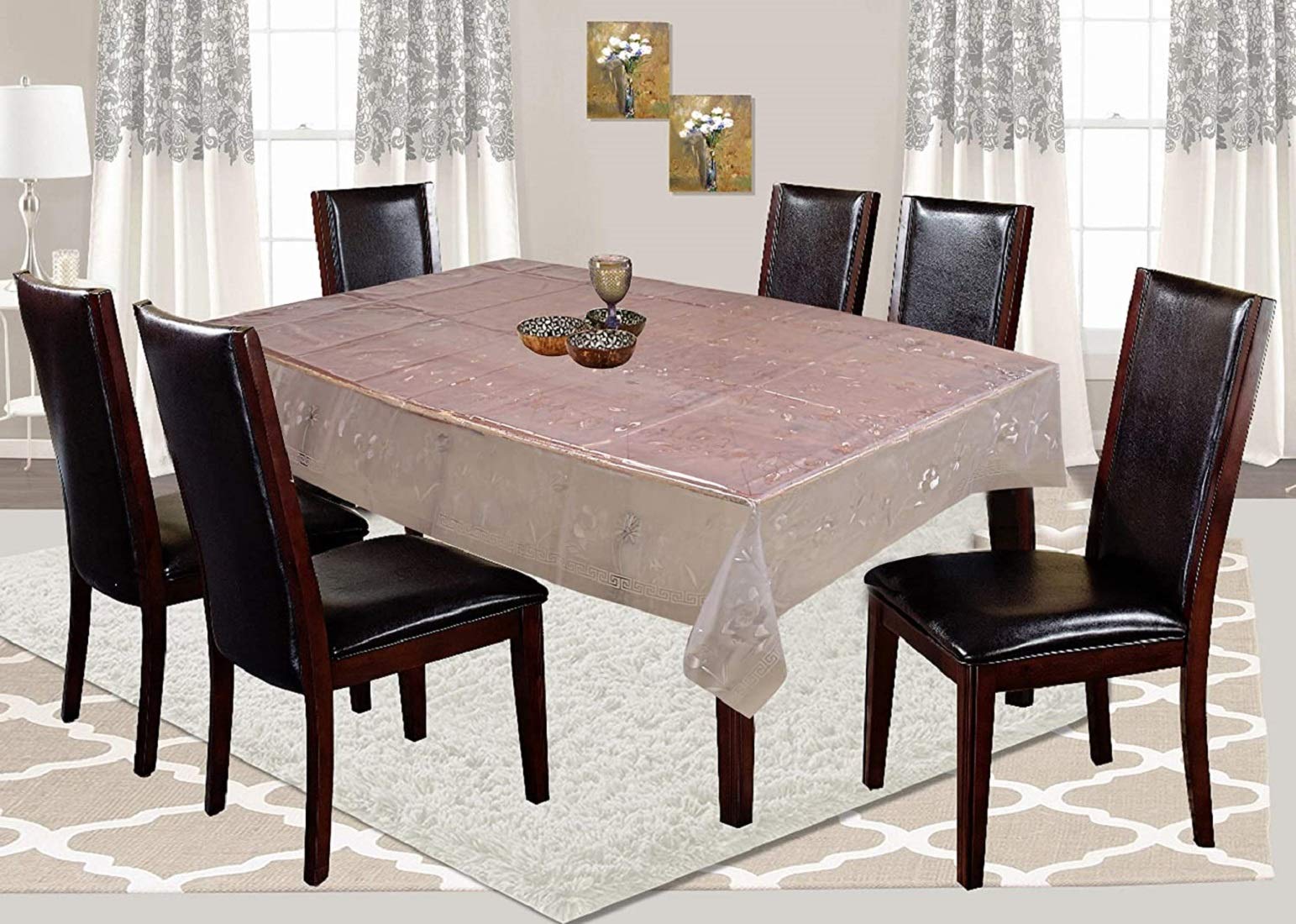 Kuber Industries 6 Seater PVC Dining Table Cover - Embossed Floral Design, Transparent Waterproof Tablecloth for Indoor & Outdoor Use - Perfect for Parties, BBQs, and Everyday Dining