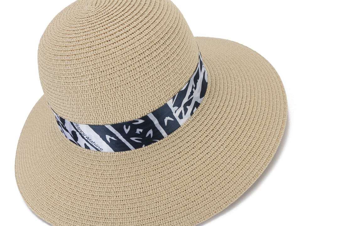 Elegant Beige and Navy Orchid Print Hat - Stylish Sun Protection for Outdoor Activities, Beach, and Travel