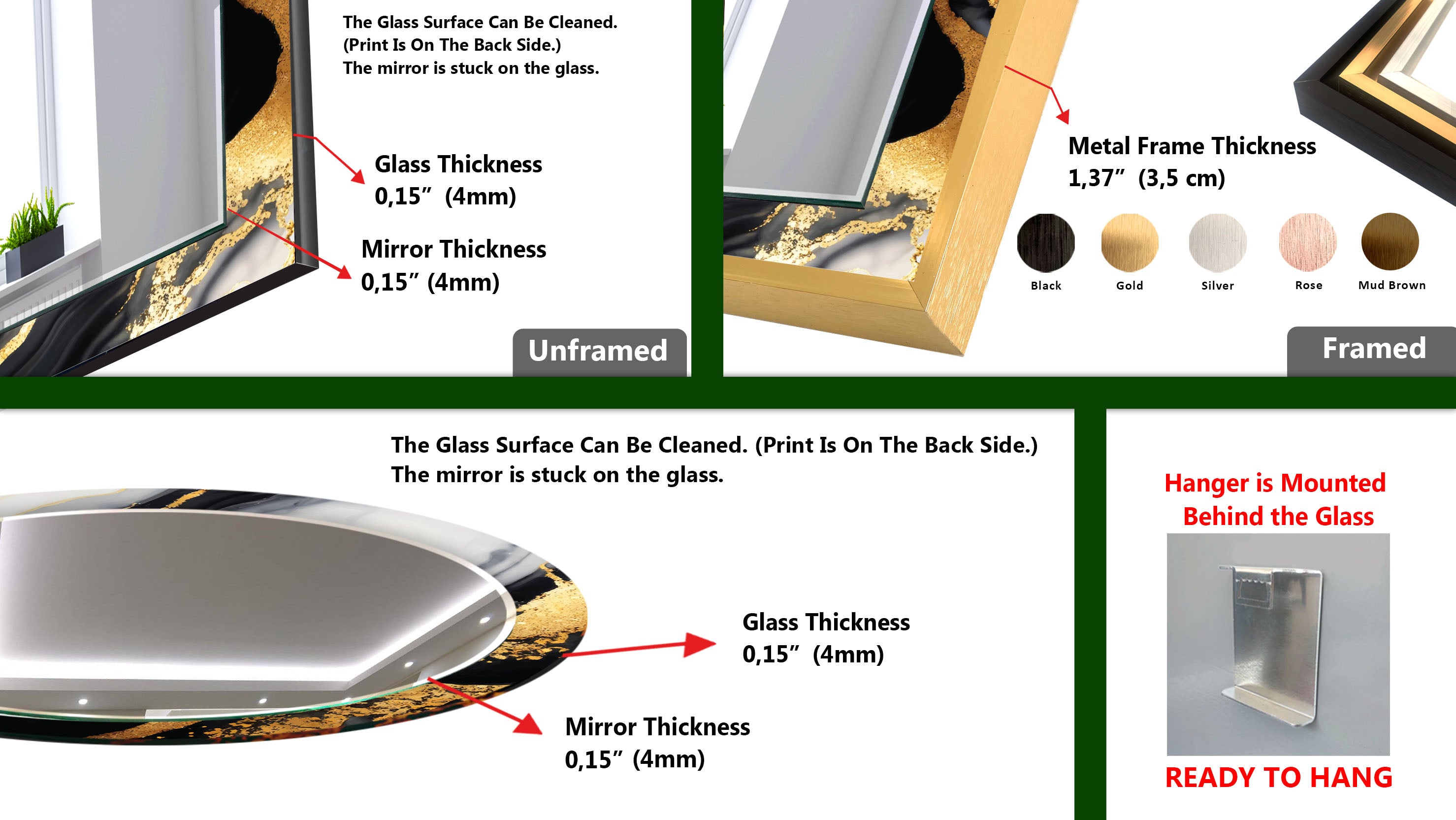 Black & Gold Marble Glass Wall Mirror - Modern Luxury Bathroom Decor for Vanity, Bedroom, or Entryway - Elegant Home Accent Mirror with Stylish Design