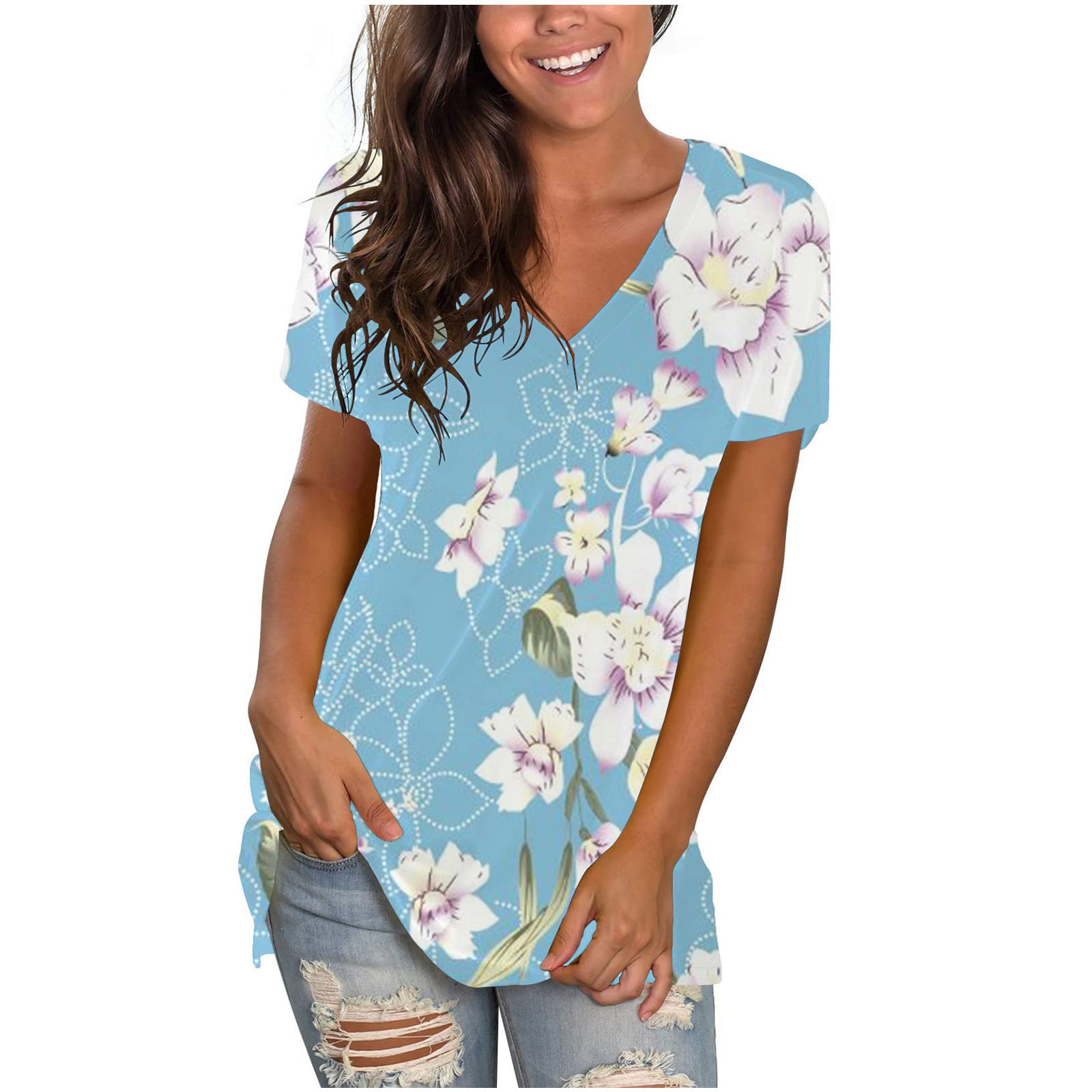 Women's Floral Printed V-Neck Short Sleeve T-Shirt - Trendy Casual Summer Tunic Blouse with Side Split | Perfect for Beach Outings, Date Nights & Weekend Wear