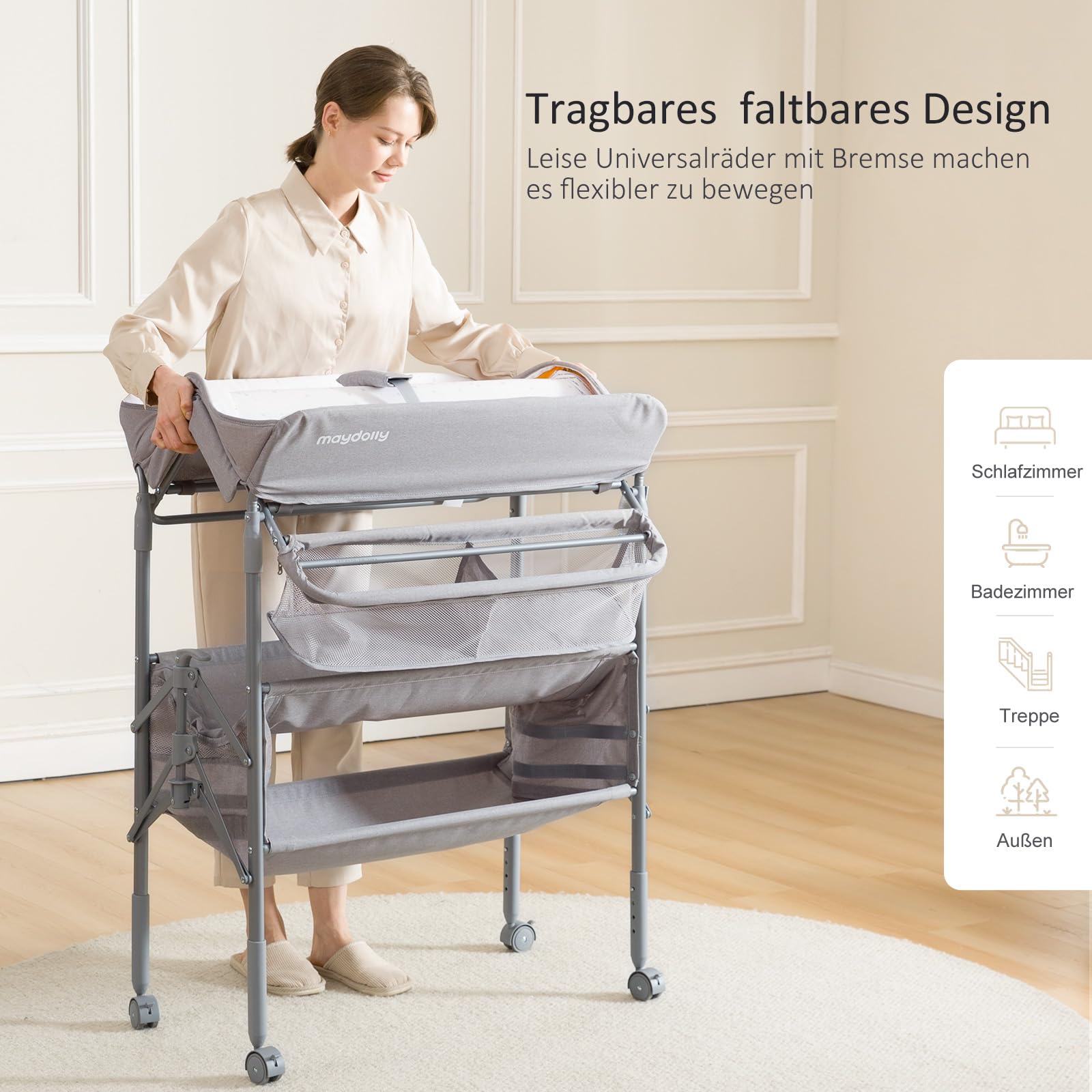 Maydolly Foldable Adjustable Height Baby Changing Table with Removable Waterproof Cover & Storage Organizer - Perfect for Nursery, Daycare & Travel (Grey)