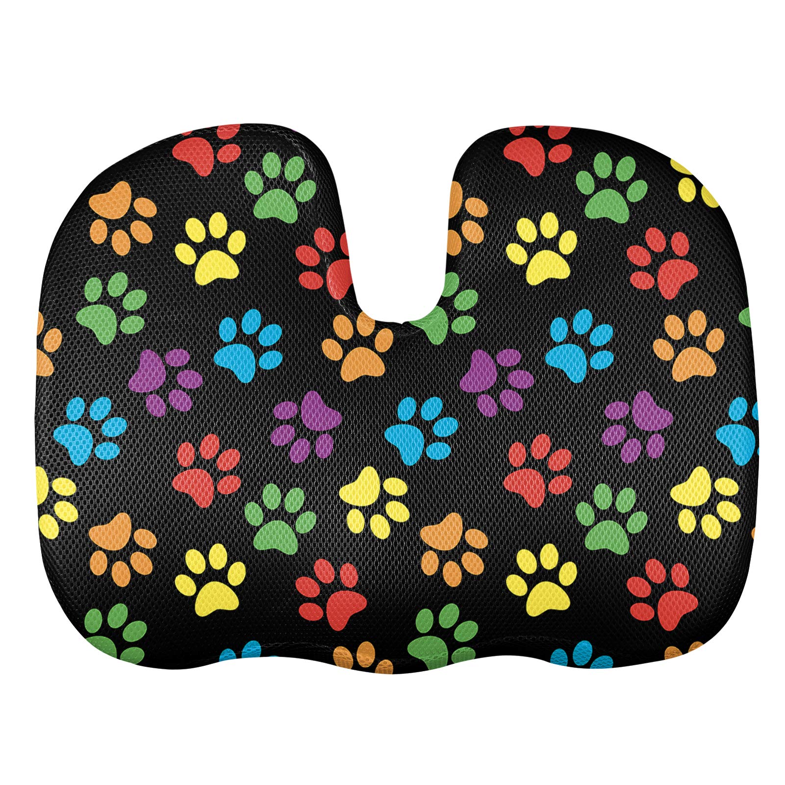 JEOCODY Colorful Paw Print Seat Cushion - Memory Foam Office Chair Cushion, Car Seat Pillow & Wheelchair Pad with Washable Cover - Perfect for Home, Office & Travel Comfort