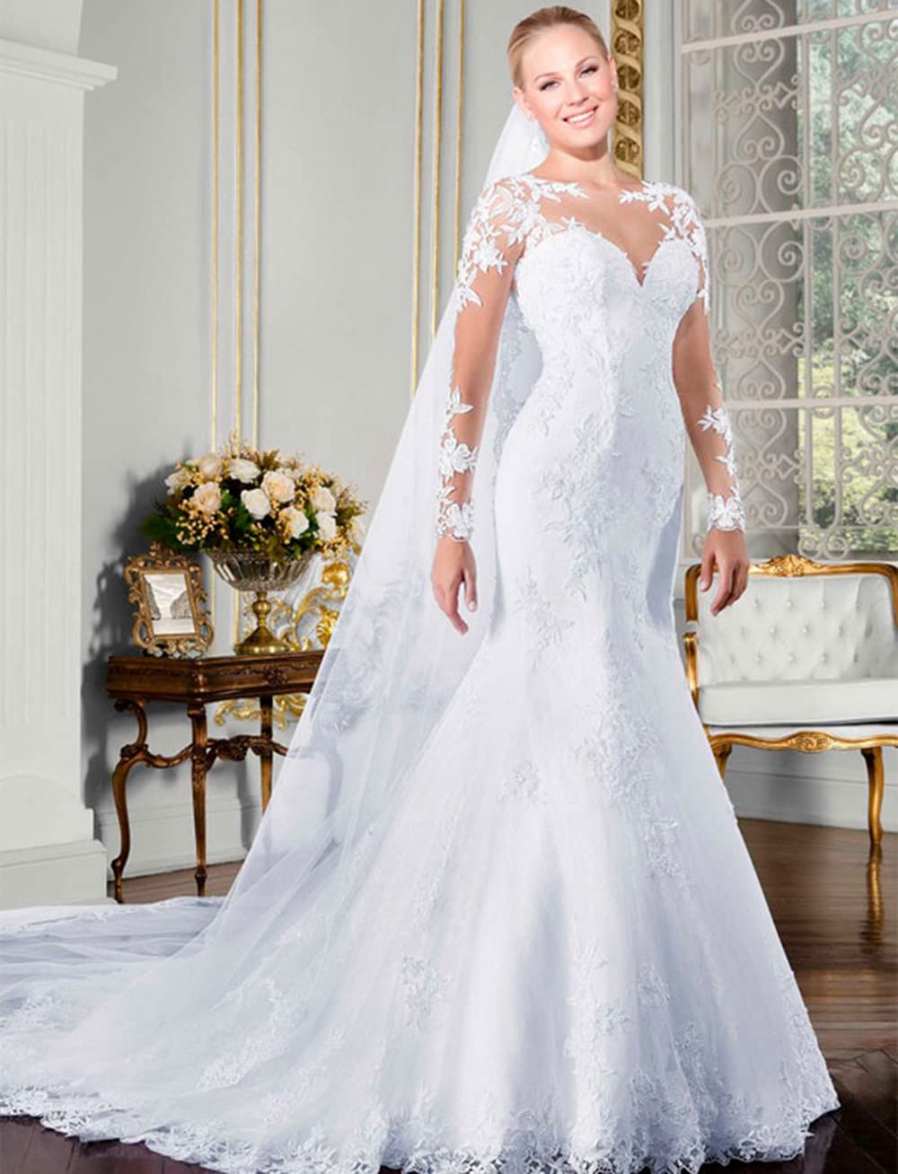 Elegant 2023 Women's Long Sleeve Lace Mermaid Wedding Dress with See-Through Back - Perfect for Bridal Ceremonies, Vow Renewals & Romantic Photoshoots