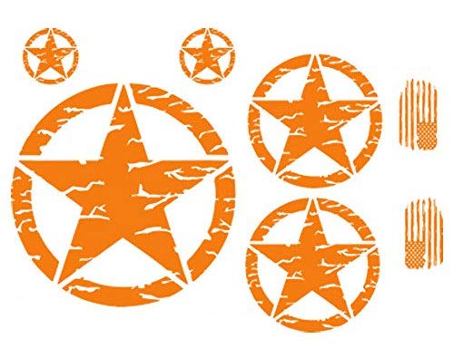 Distressed Hood Military Star Decal Kit - Orange Vinyl Sticker for Jeep Wrangler, Roxor, Cherokee, Compass, Patriot & More - Off-Road & Military Style Customization