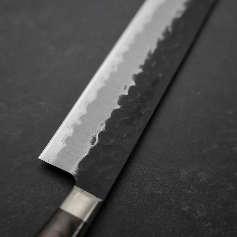 Premium 240mm Sujihiki Japanese Knife - Stainless Clad Blue Super Steel, Kurouchi Tsuchime Finish with Western Brown Handle - Perfect for Slicing Sashimi, Meat & Sushi Preparation