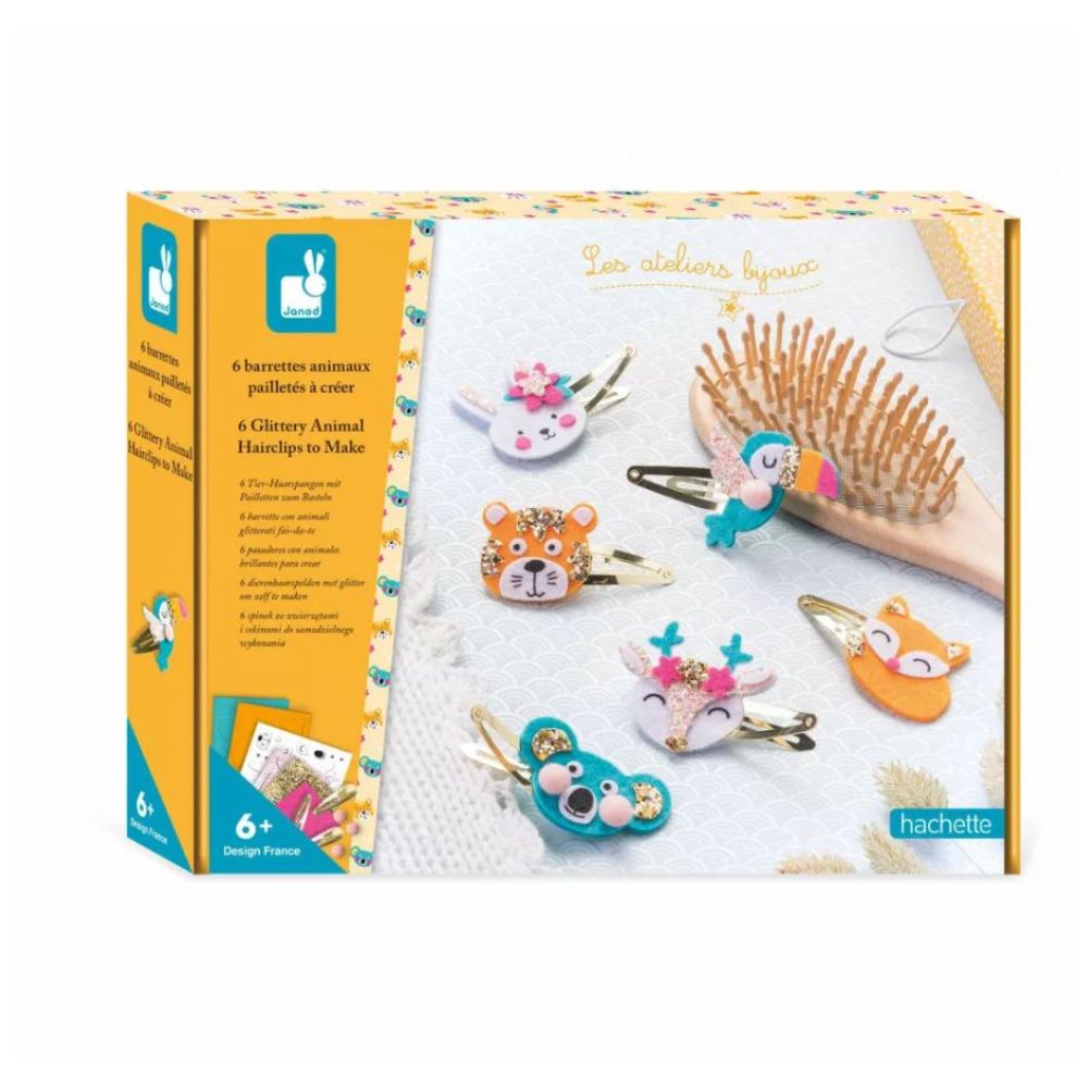 Janod DIY Glitter Animal Hair Clips for Girls - Creative Kids Craft Kit for Parties, Dress Up & Hair Accessories
