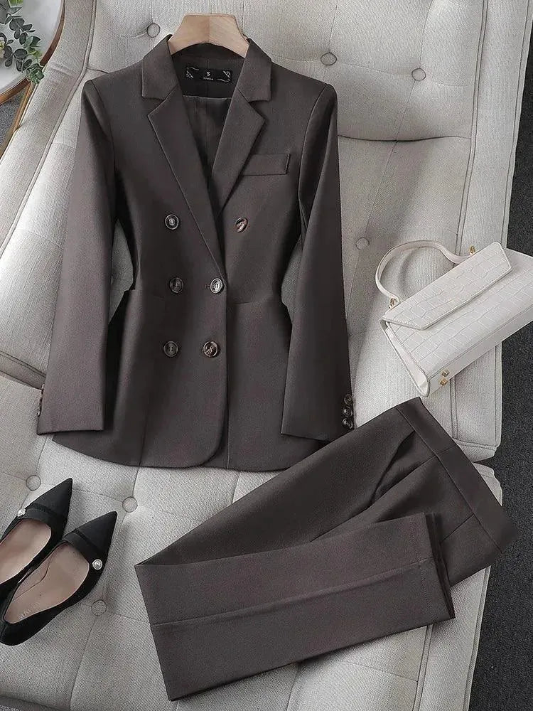 Elegant Double Breasted Women's Pant Suit Set - 2 Piece Professional Blazer & Pants with Pockets | Perfect for Office Wear, Business Meetings & Formal Events