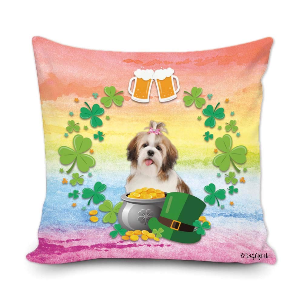 St. Patrick's Day Shamrock Clovers Dog Throw Pillow Cover - 18x18 Inch Square Cushion Case with Leprechaun & Happy Shih Tzu Puppy Design, Gold Pot Coins & Beer Decor for Home, Couch, Sofa | Perfect for Irish-Themed Parties & Holiday Home Decor