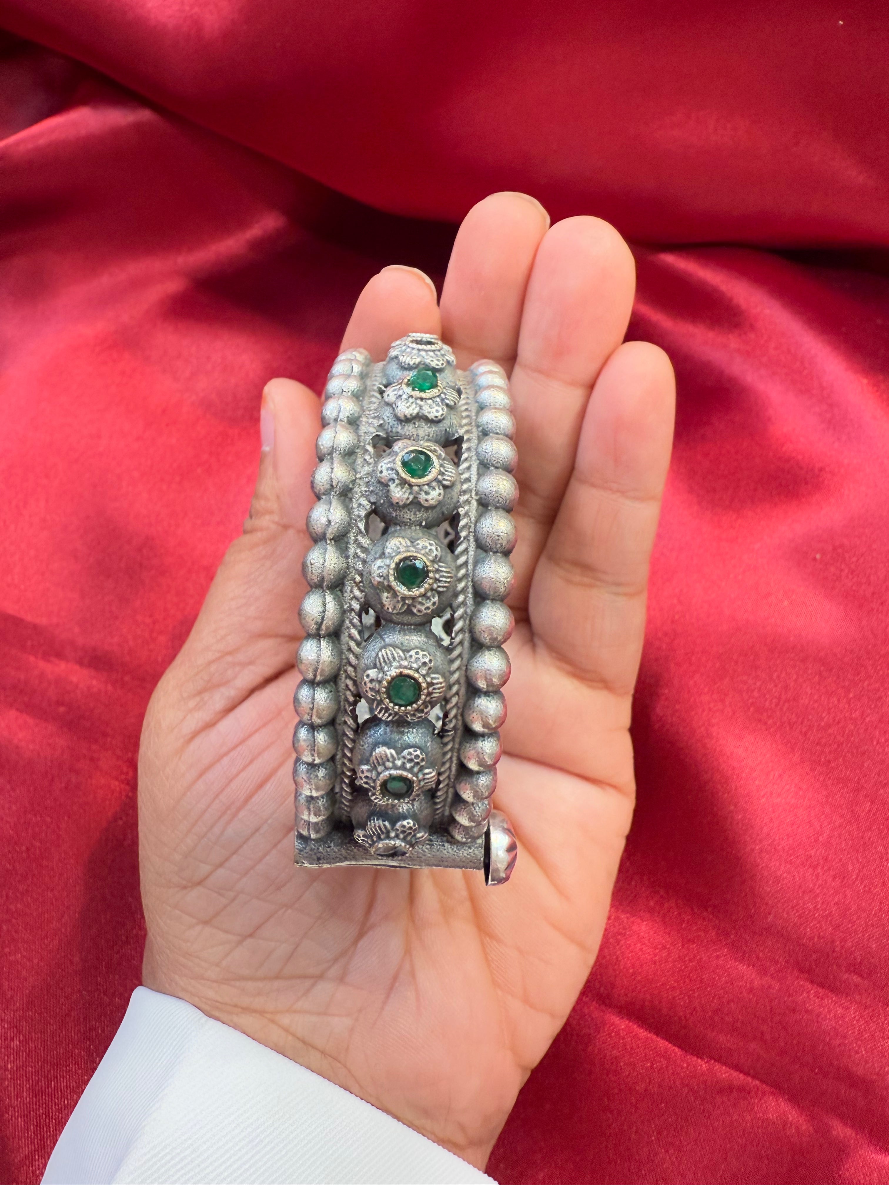 Exquisite Tribal Oxidized Silver Ethnic Open Bridal Kada Cuff Bracelet with Green Stone - Perfect for Boho Weddings, Festival Fashion & Cultural Jewelry Collections