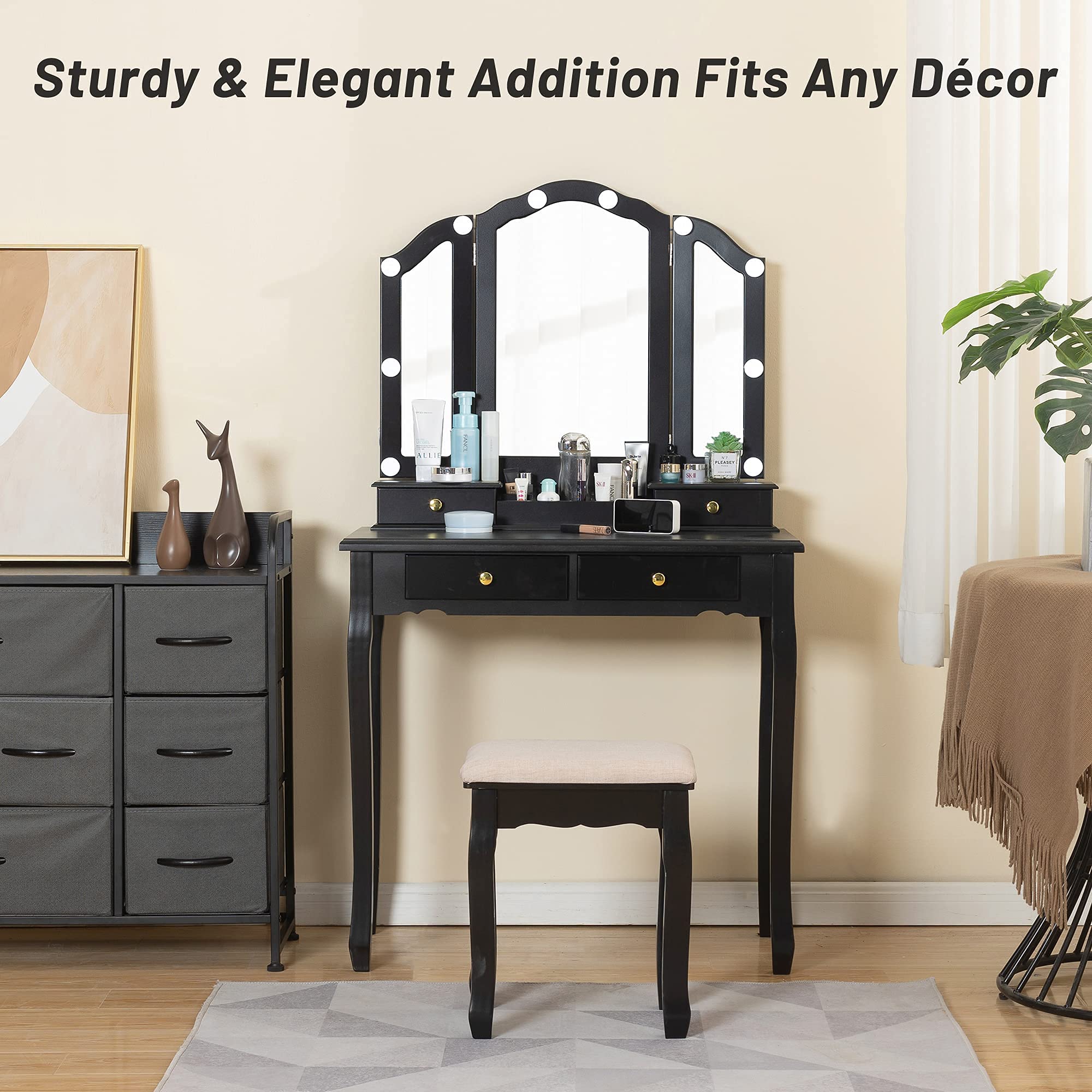 Caroeas Tri-Fold Makeup Vanity Set with LED Lights - Solid Wood Vanity Table with Mirror, 4 Drawers & Storage Compartments - Includes Padded Vanity Stool - Perfect for Bedroom, Dressing Room & Beauty Salon (Black)