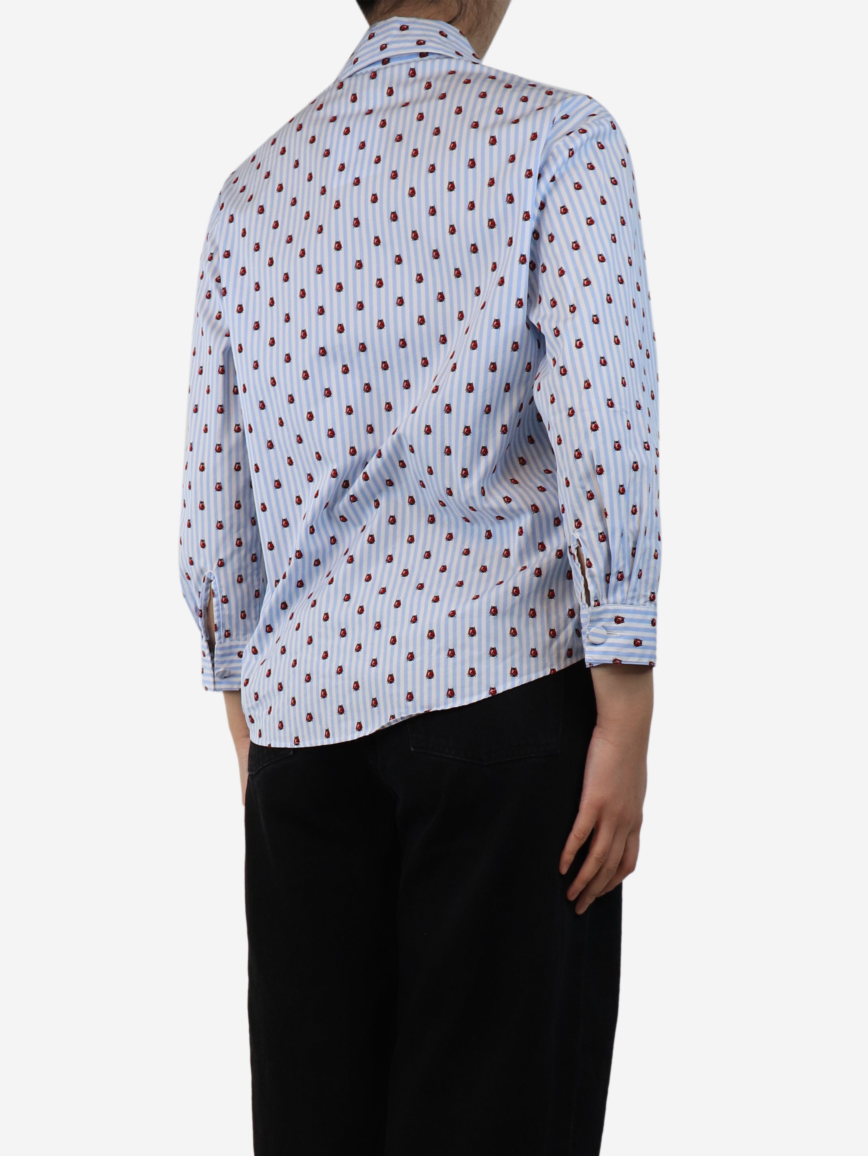Blue and White Striped Ladybug Shirt - Women's Size UK 8 - Casual Summer Tops for Beach, Picnic & Outdoor Activities