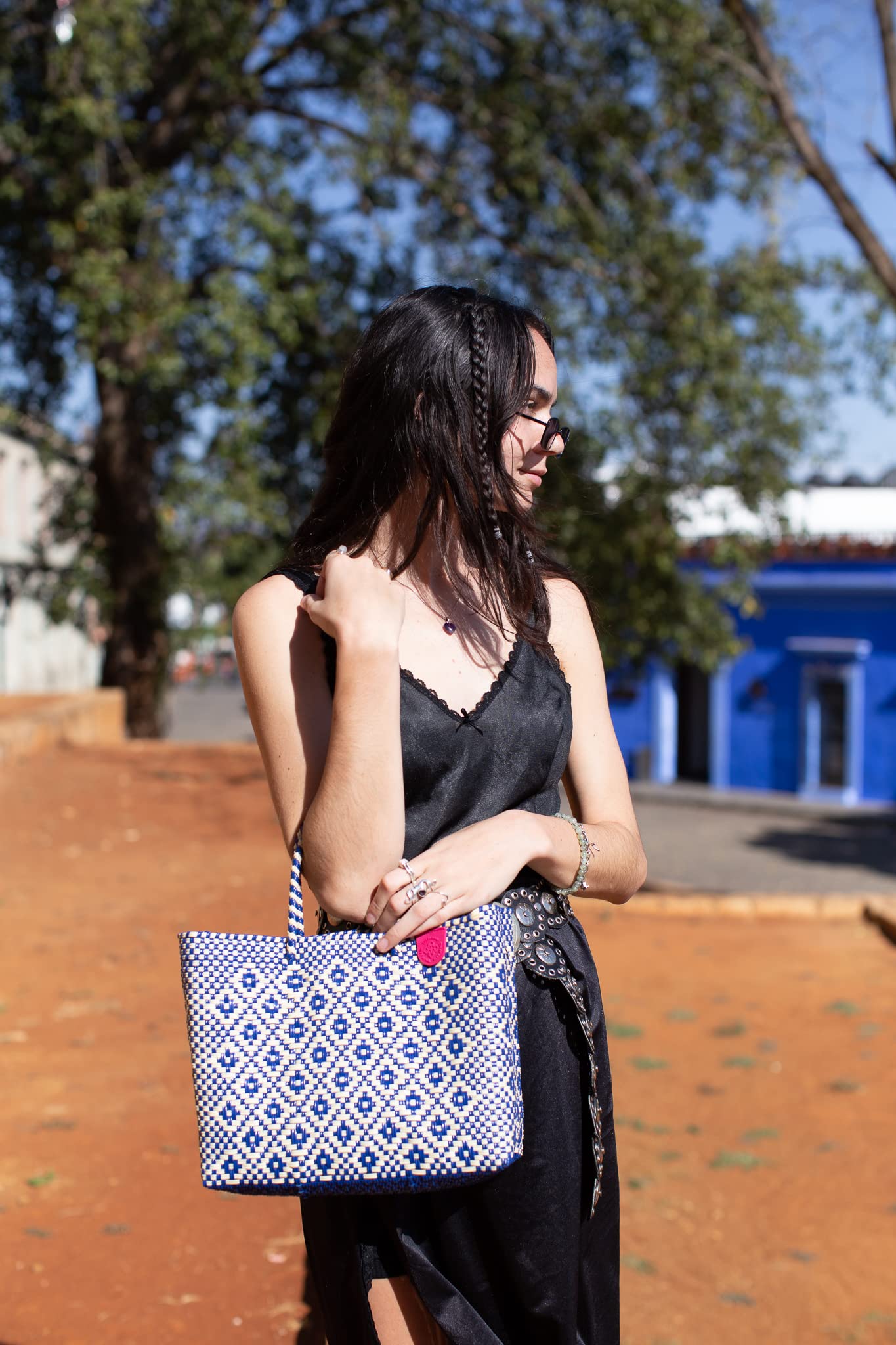 Eco-Friendly Blue & Beige Woven Crossbody Bag with Detachable Mesh Pouch - Recycled Plastic Beach Purse, Handmade Mexican Artisan Bag for Women | Perfect for Vacation, Travel & Summer Outings
