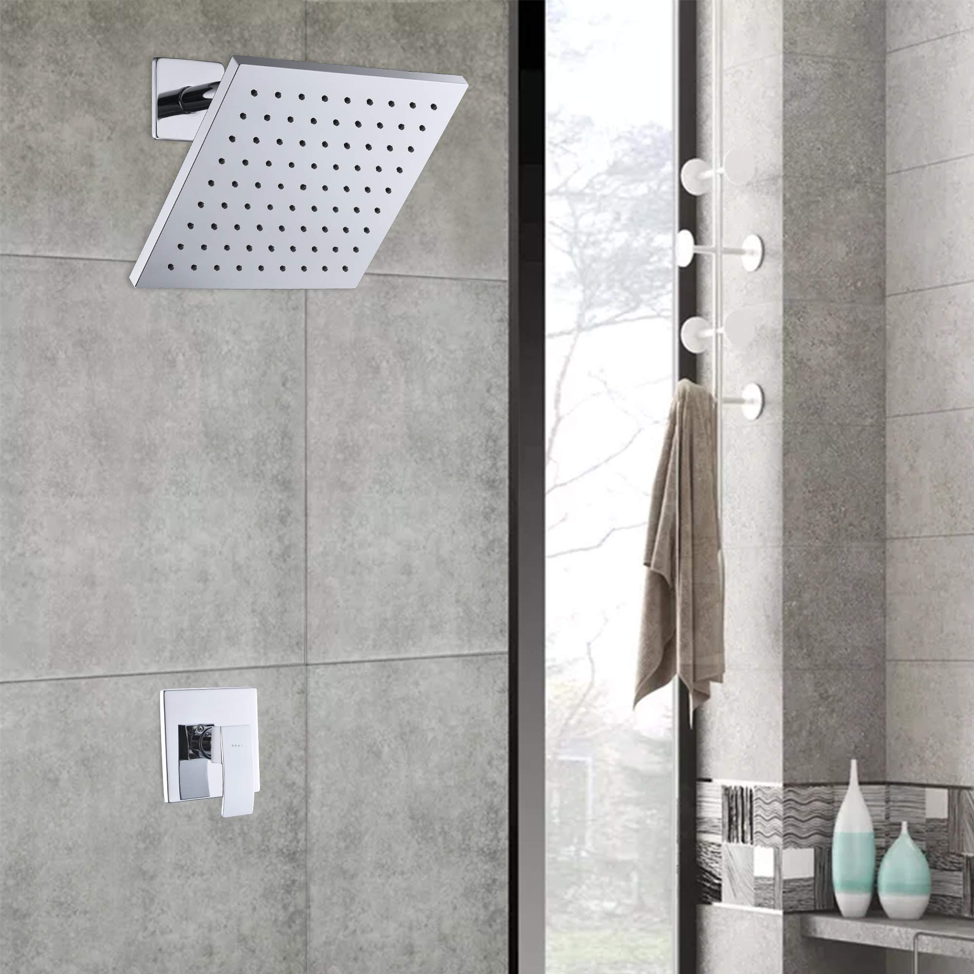 SOKA 8 Inch Rainfall Shower System - Chrome Single Function Shower Faucet Set with Pressure Balance Valve & Square Shower Head - Perfect for Modern Bathroom & Spa-Like Shower Experience
