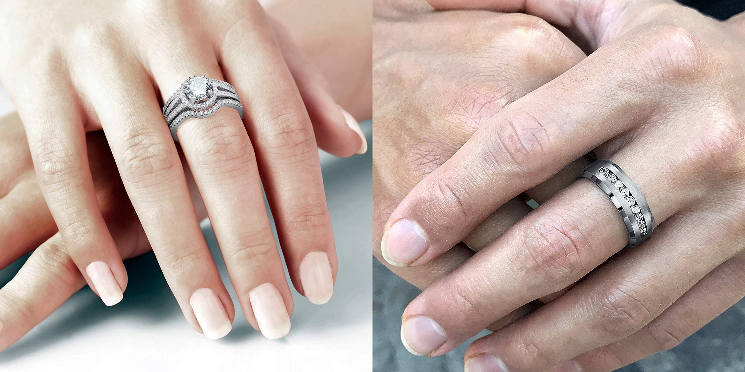 His & Hers Wedding Rings Set - Sterling Silver for Women & 316L Stainless Steel for Men - Engagement, Anniversary & Couple Bands with Free Stud Earrings - Perfect for Proposals, Vows Renewal & Romantic Gifts