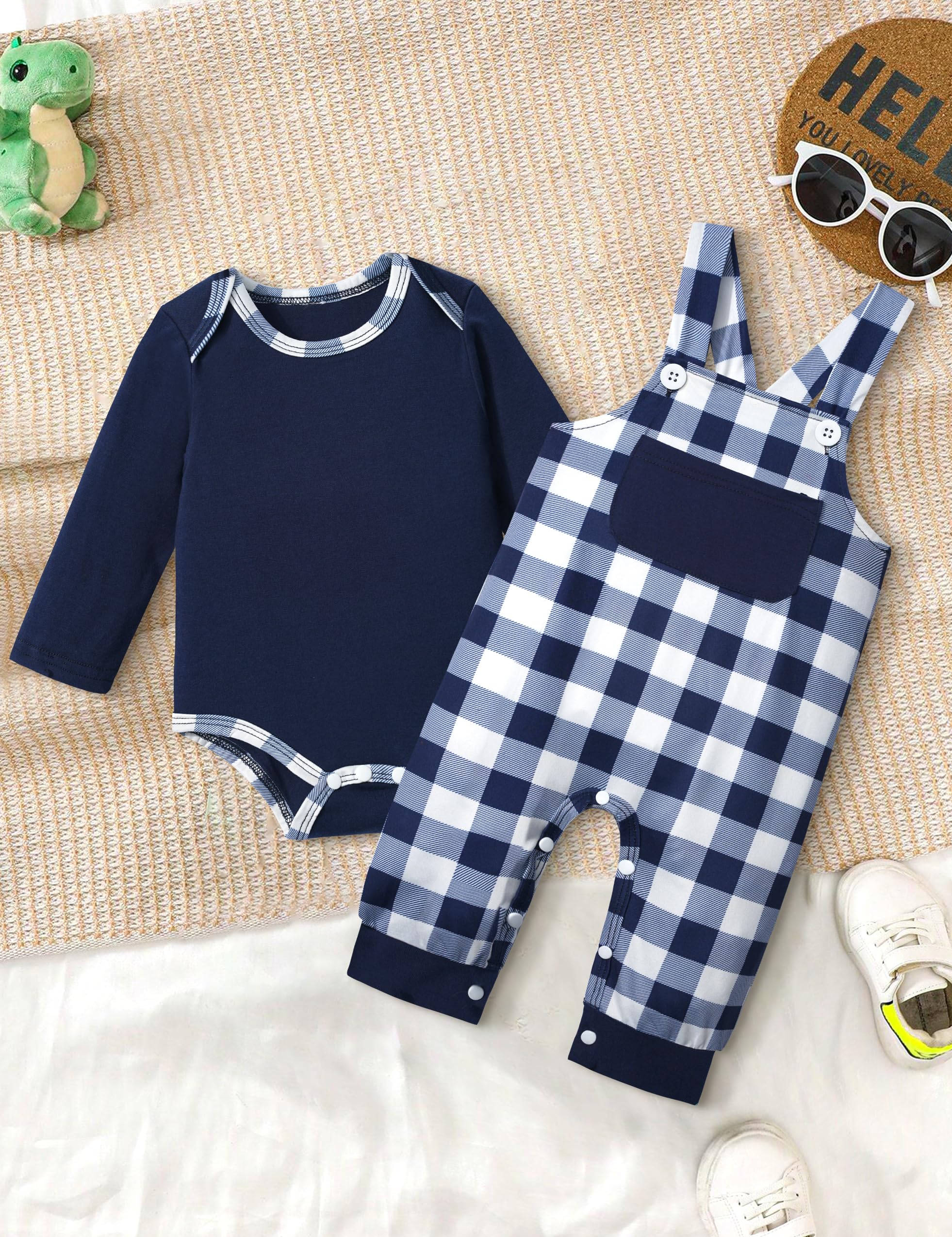 Cute Baby Boy Clothes - Long Sleeve Animal Print Romper & Plaid Overalls Jumpsuit Outfits for Newborns & Toddlers | Perfect for Playdates, Photo Shoots & Everyday Wear