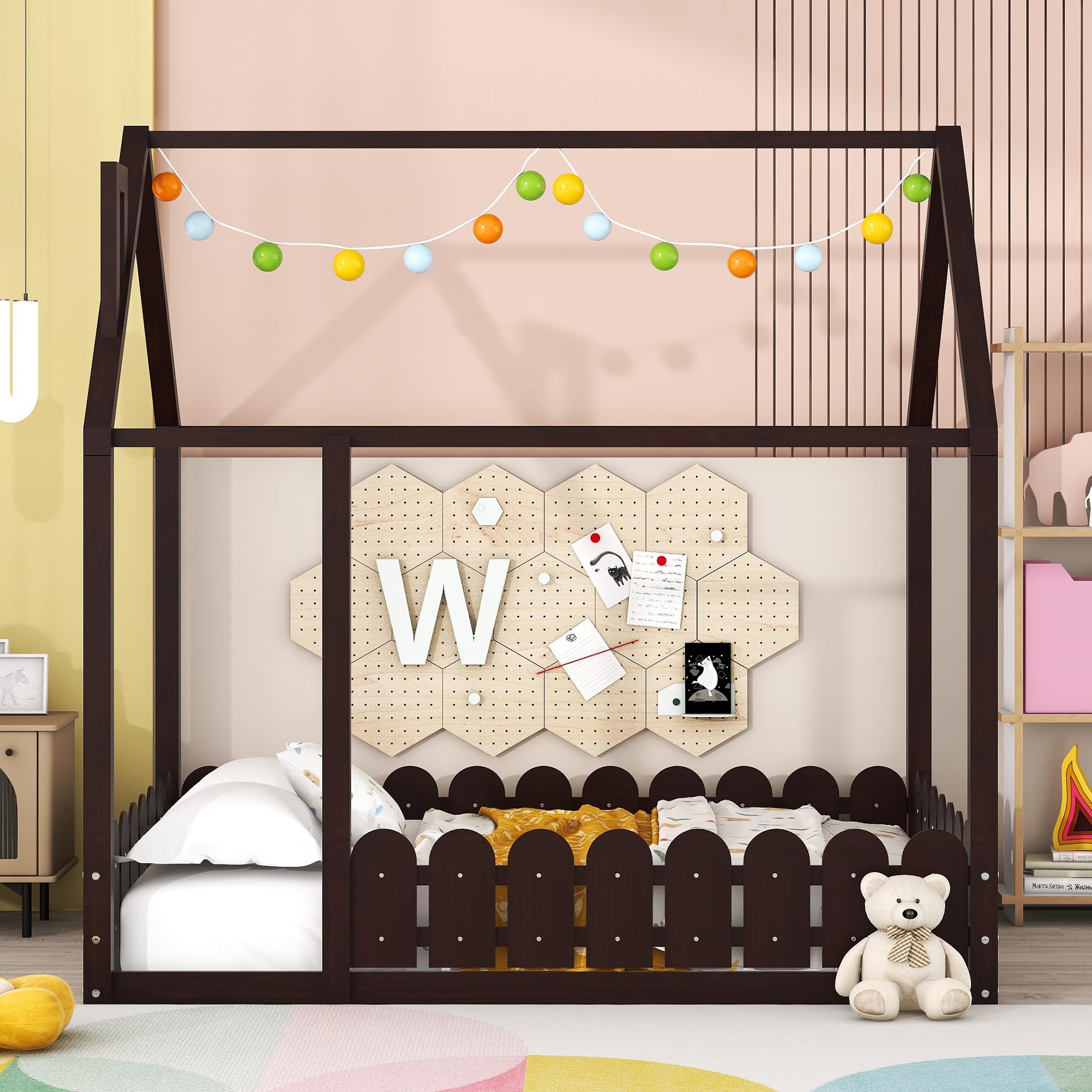 Harper & Bright Designs Full Size House Bed for Kids - Montessori Floor Bed with Safety Guardrails, Solid Wood Frame for Boys & Girls (Full, Espresso) - Perfect for Montessori Bedrooms, Playrooms & Safe Toddler Sleep