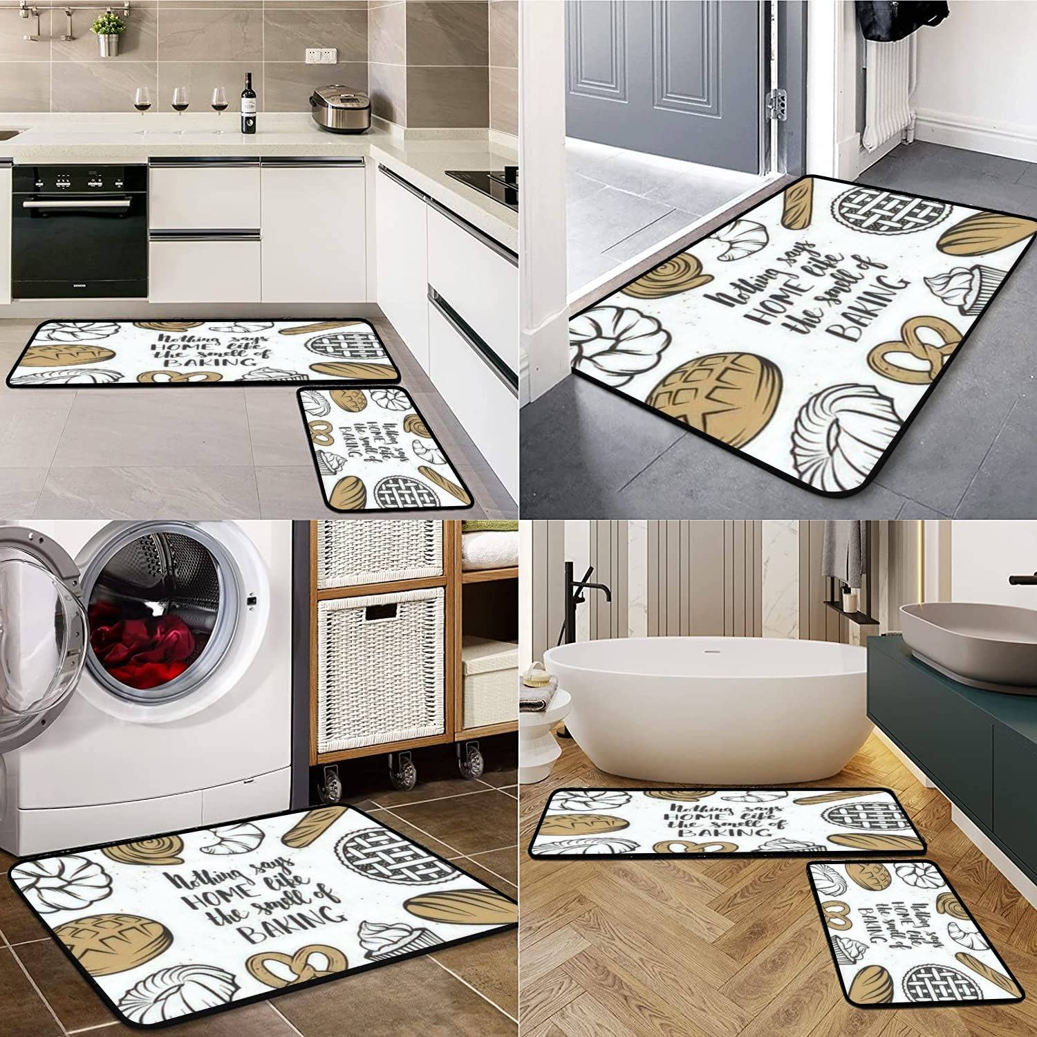 Non-Slip Washable Kitchen Rugs Set - Hand Drawn Bakery Elements & Typography Floor Mat, Anti-Fatigue Standing Mat for Kitchen, Bathroom, Entryway Decor - Perfect for Home, Bakery & Cafe Use