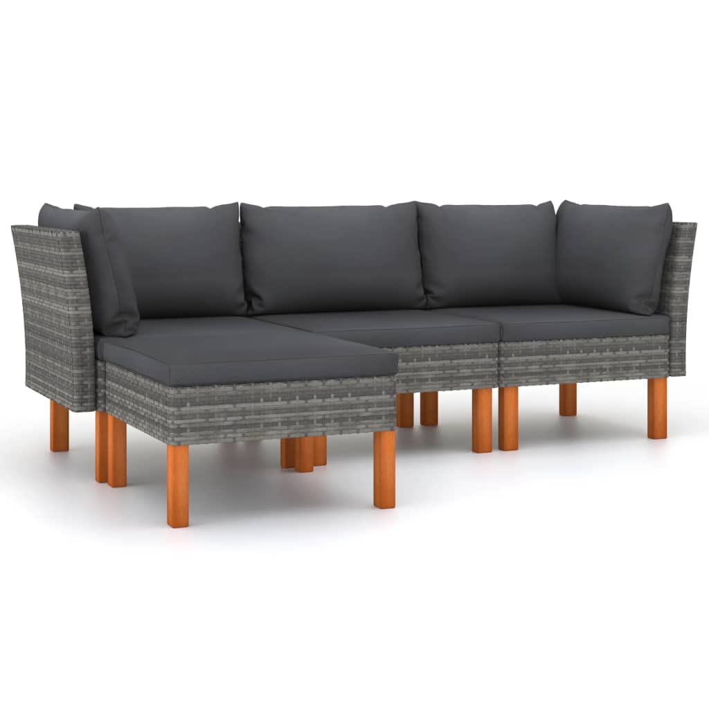 vidaXL 4-Piece Farmhouse Modern Patio Lounge Set with Padded Cushions - Durable Poly Rattan & Solid Eucalyptus Wood Legs - Gray/Anthracite - Perfect for Outdoor Garden, Poolside, and Backyard Relaxation