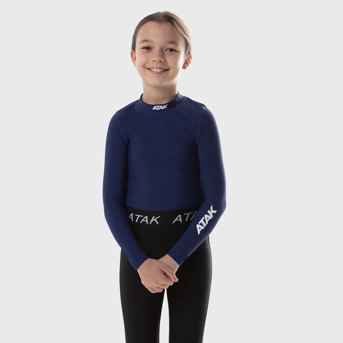 Atak Sports Kids Long Sleeve Compression Shirt - Moisture Wicking Athletic Top for Boys & Girls - Navy Blue - Perfect for Running, Soccer & Outdoor Activities