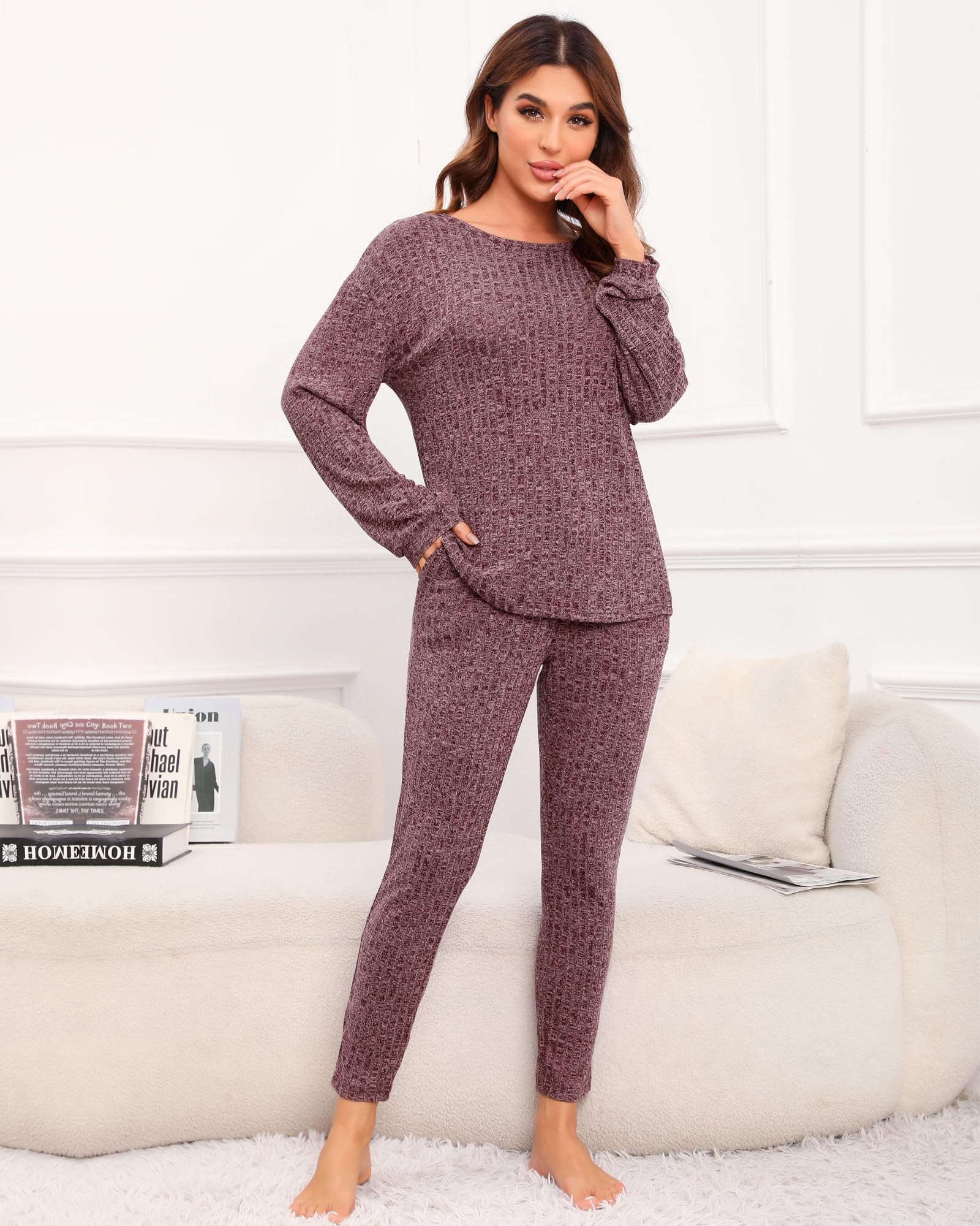 Difficort Women's Long Sleeve Pajama Set - Soft Ribbed Knit Sleepwear & Lounge PJS with Pockets | Cozy Winter Nightwear for Home Relaxation & Sleep