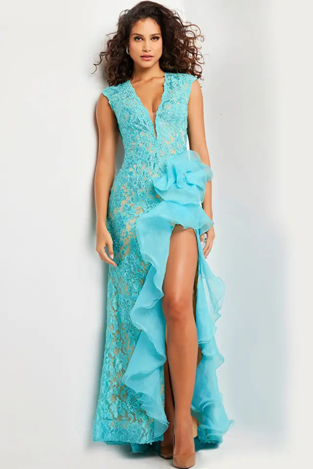 Jovani 38668 Emmy Lace Beaded High Slit Ruffle Gown - Elegant Evening Dress for Prom, Wedding & Formal Events