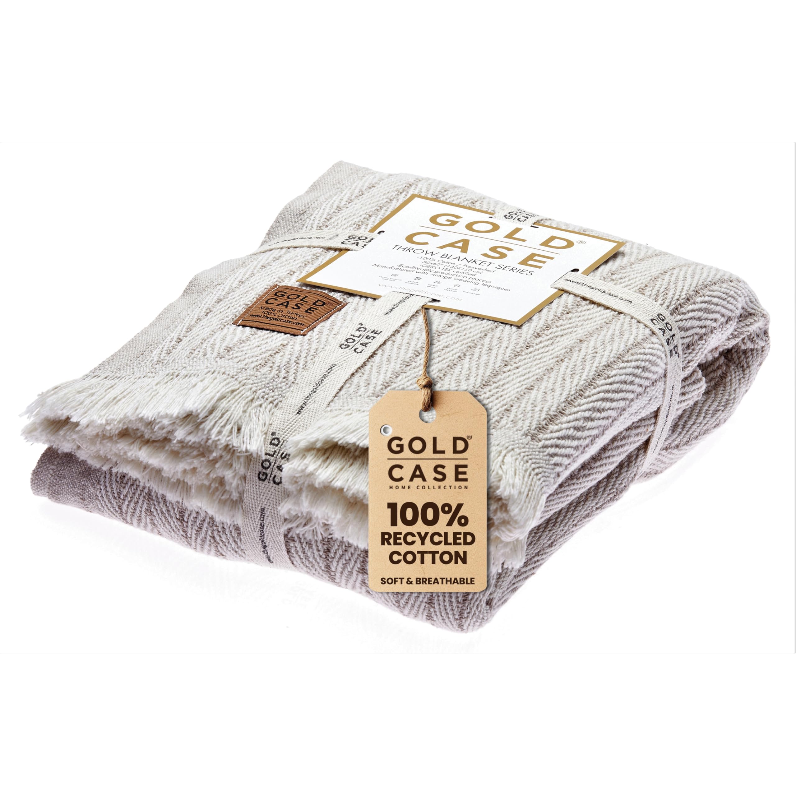 Premium 100% Recycled Turkish Cotton Throw Blanket - Soft Vintage Gold Case Blanket for Couch & Sofa - 60x80 Inches Beige Boho Woven Blanket - Perfect for Living Room Decor, Cozy Nights & Gift Giving