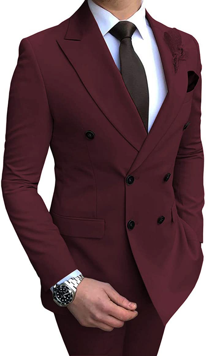 Aesido Men's 2-Piece Double Breasted Suit Set - Notch Lapel Solid Prom Tuxedo & Pants for Wedding, Business & Formal Events