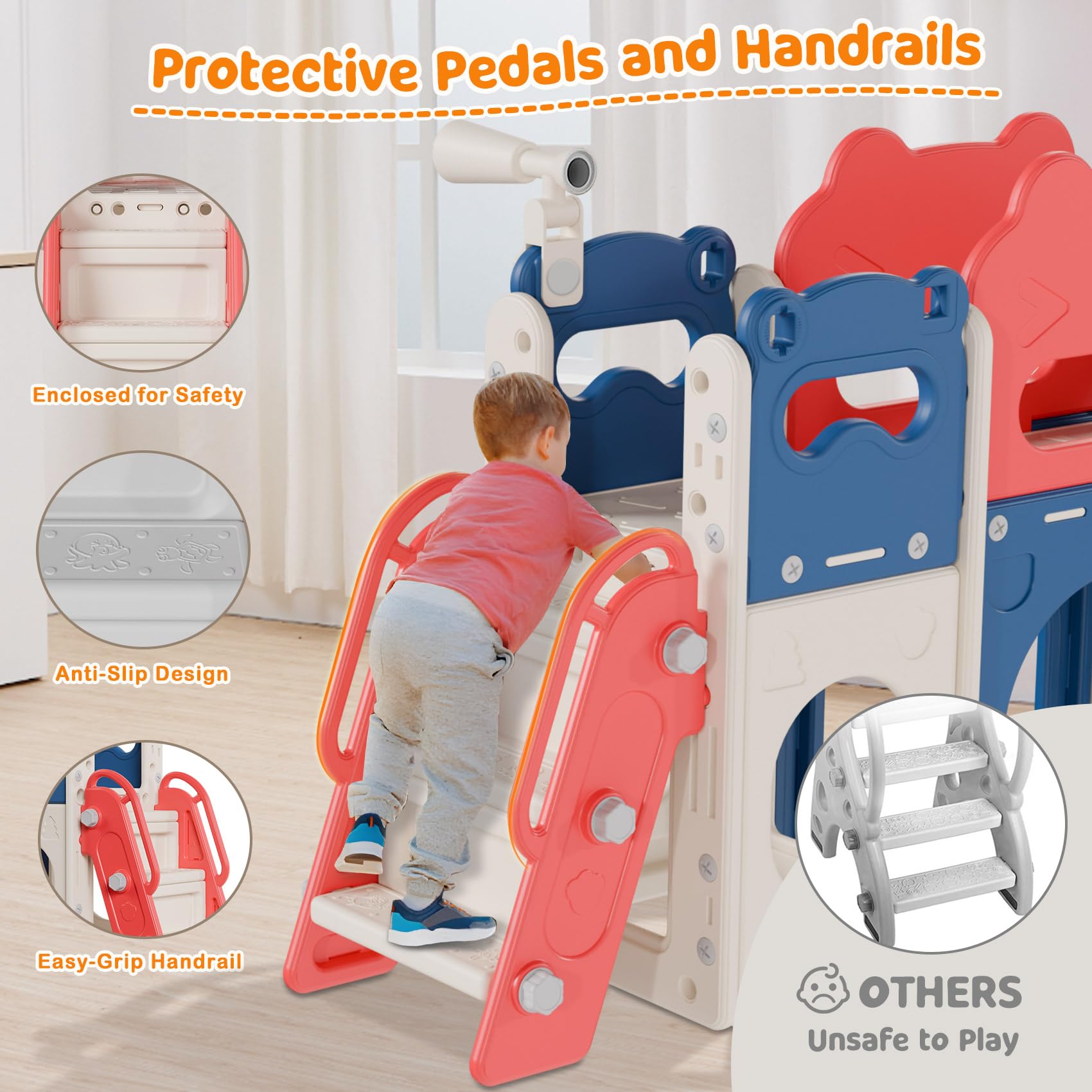 Babytronic 8-in-1 Toddler Slide Playset for Kids Ages 1-3 | Indoor/Outdoor Baby Slide with Basketball Hoop & Telescope | Blue & Red Playground Toy for Toddlers | Perfect for Backyards, Playrooms & Daycare Centers