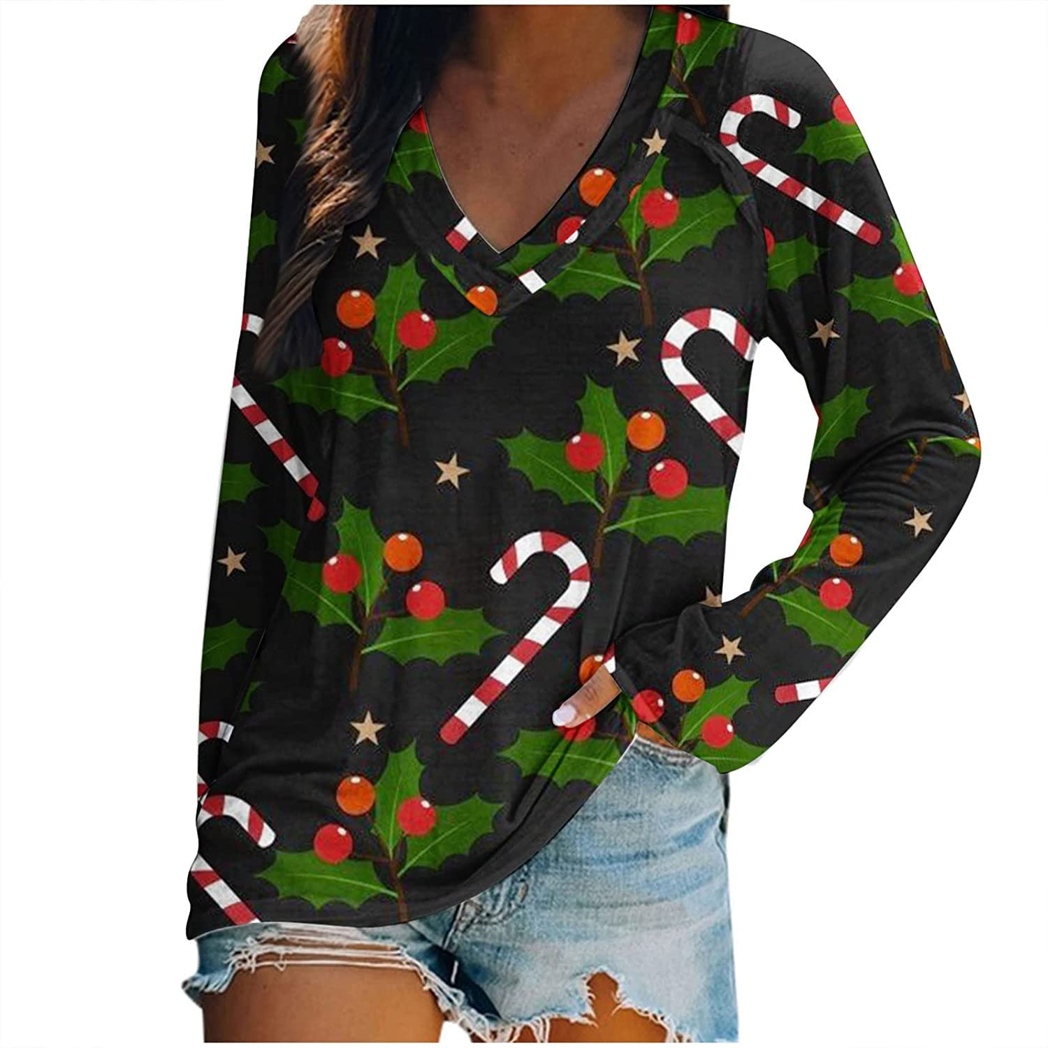 Women's V-Neck Long Sleeve Tunic Top - Slimming Tummy Control Casual Sweatshirt with Festive Snowflake Print | Perfect for Christmas, Winter Outfits & Holiday Gatherings