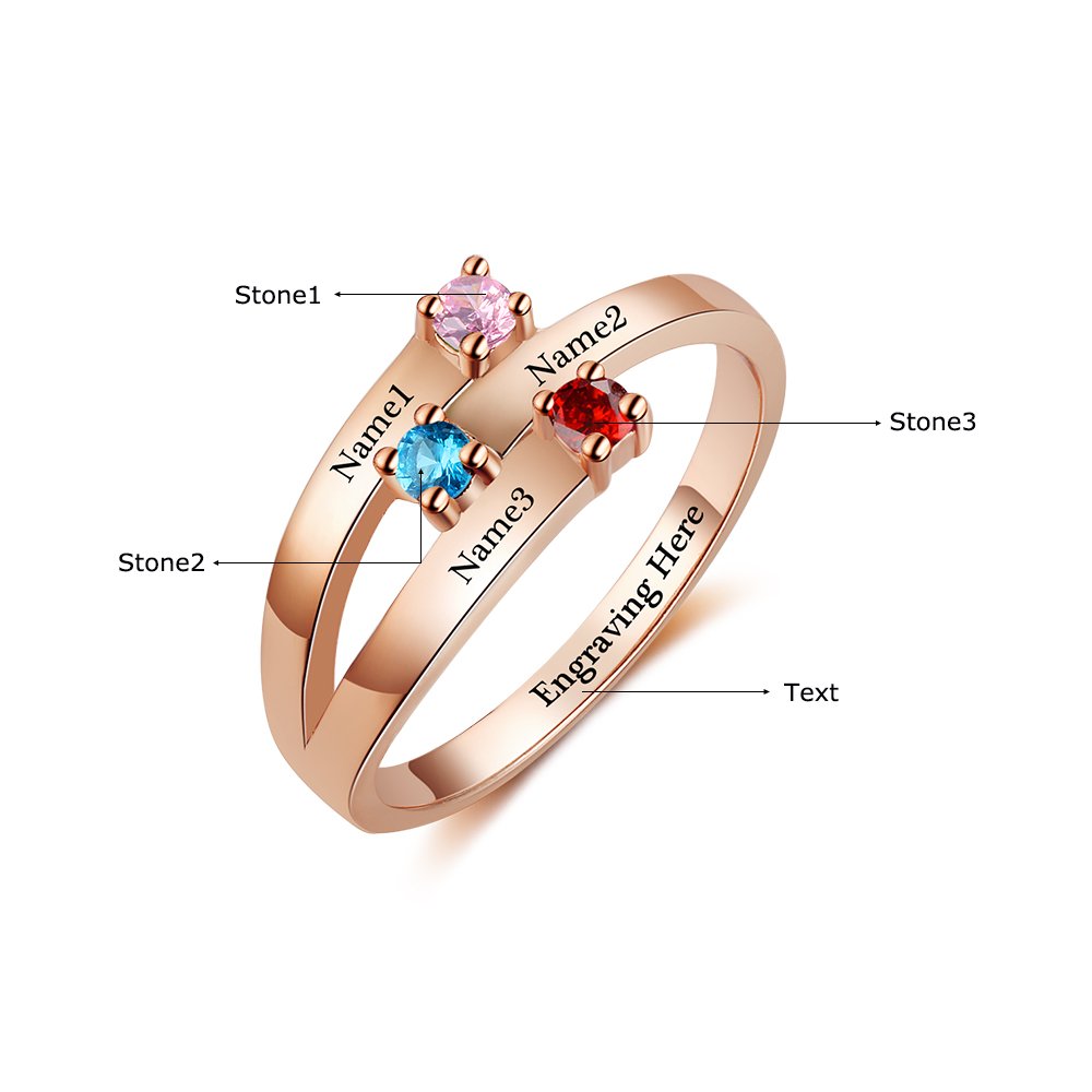 Personalized Women's Rings with 3 Birthstones & Names - Mother & Promise Rings for Her - Perfect for Gifts & Special Occasions
