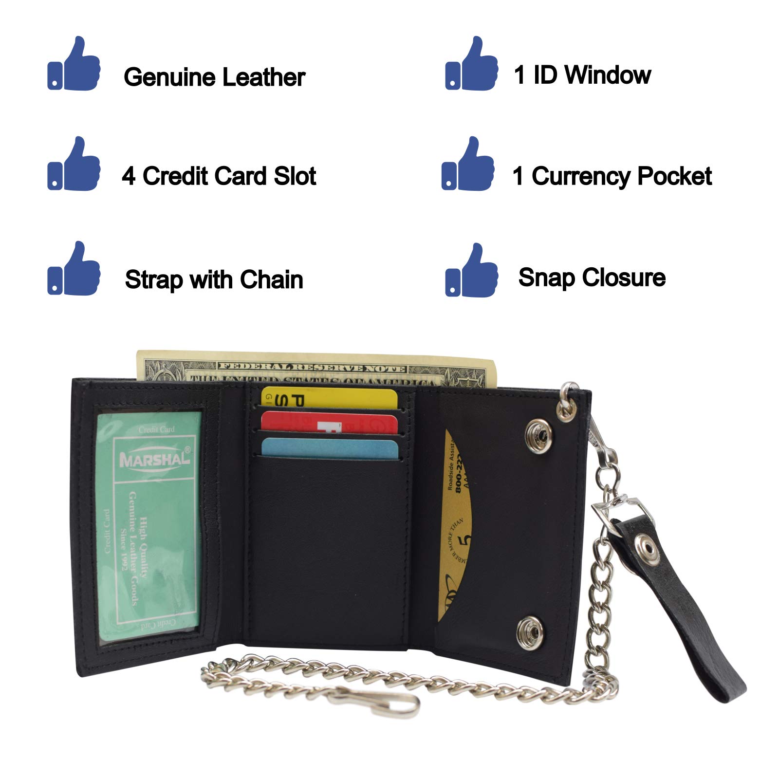 MARSHAL Men's Genuine Leather Black Trifold Wallet with Chain - Biker Trucker Motorcycle Wallet for Men - Perfect for Riding, Travel & Everyday Use