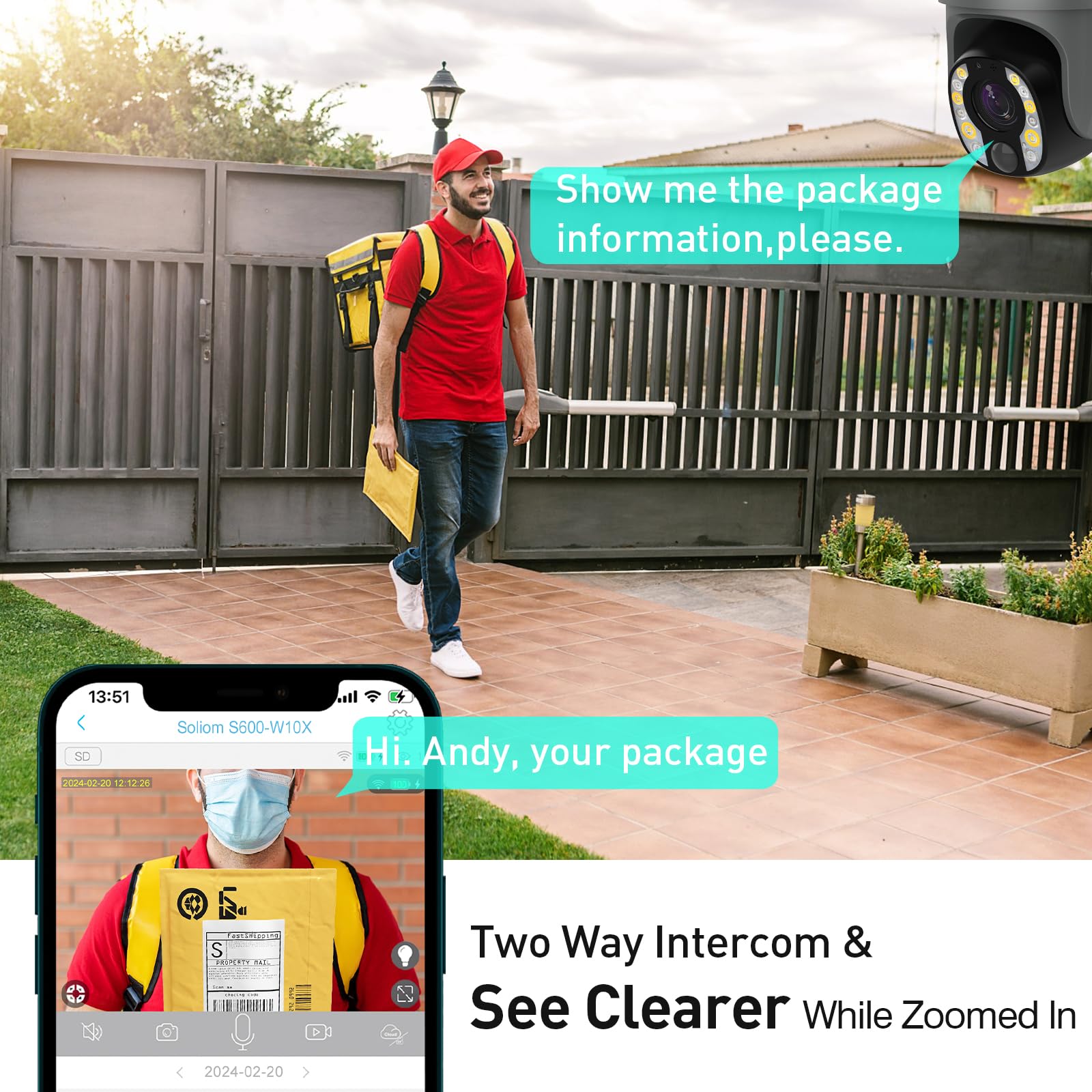 SOLIOM 5MP Wireless Outdoor Security Camera with 10X Optical Zoom, Solar & Battery Powered, Human Detection, Auto Tracking, Spotlight Color Night Vision - Ideal for Home Security, Backyard Monitoring, and Business Surveillance (2.4G Wi-Fi)
