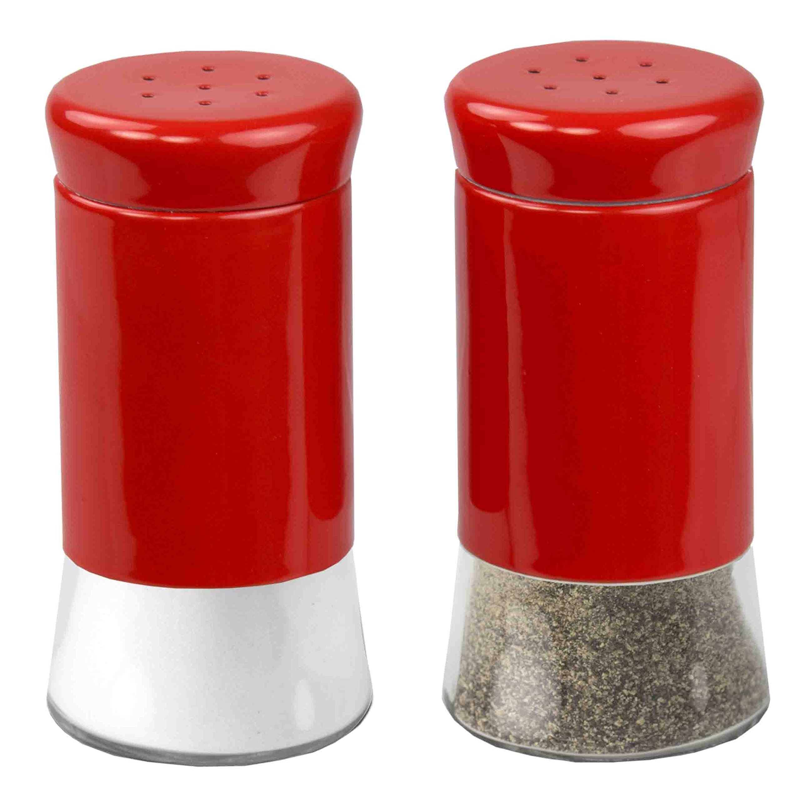 Vintage Stainless Steel Salt and Pepper Shakers Set (Red) – 2-Piece Kitchen Spice Dispenser for Salt, Pepper, Cumin, Cinnamon & Paprika – Clear Glass Base – Perfect for Dining Tables, Restaurants & Gift Giving