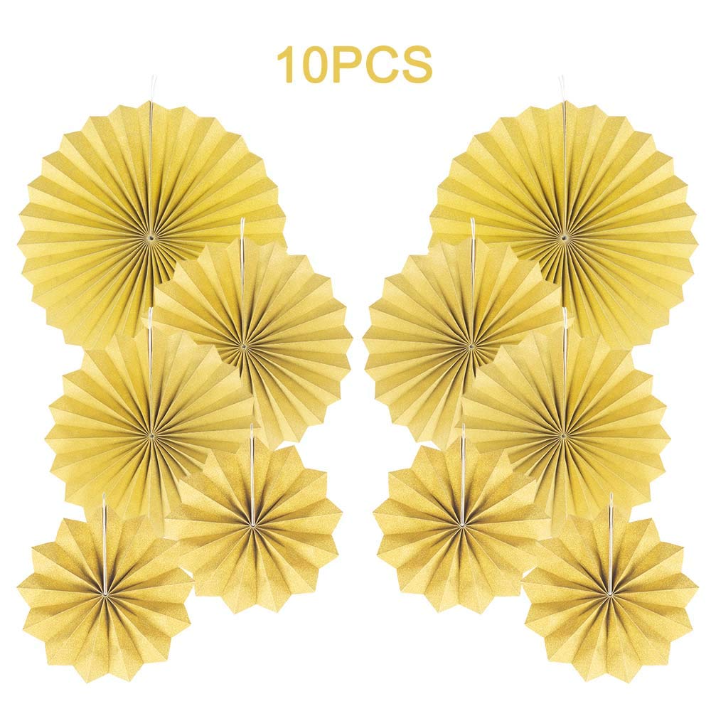 10 Pack Gold Round Paper Fans for Party Decorations - Hanging Ceiling Fan Decor Set for Weddings, Birthdays & Baby Showers - Elegant DIY Party Supplies