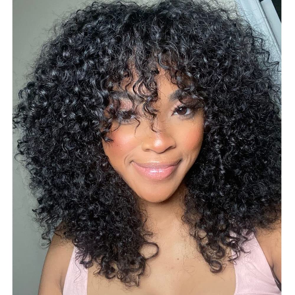100% Brazilian Human Hair Wig with Bangs - 18 Inch Loose Curly Wigs for Black Women | 180 Density O Scalp Top Full Machine Made | Natural Color | Perfect for Daily Wear, Parties & Special Occasions