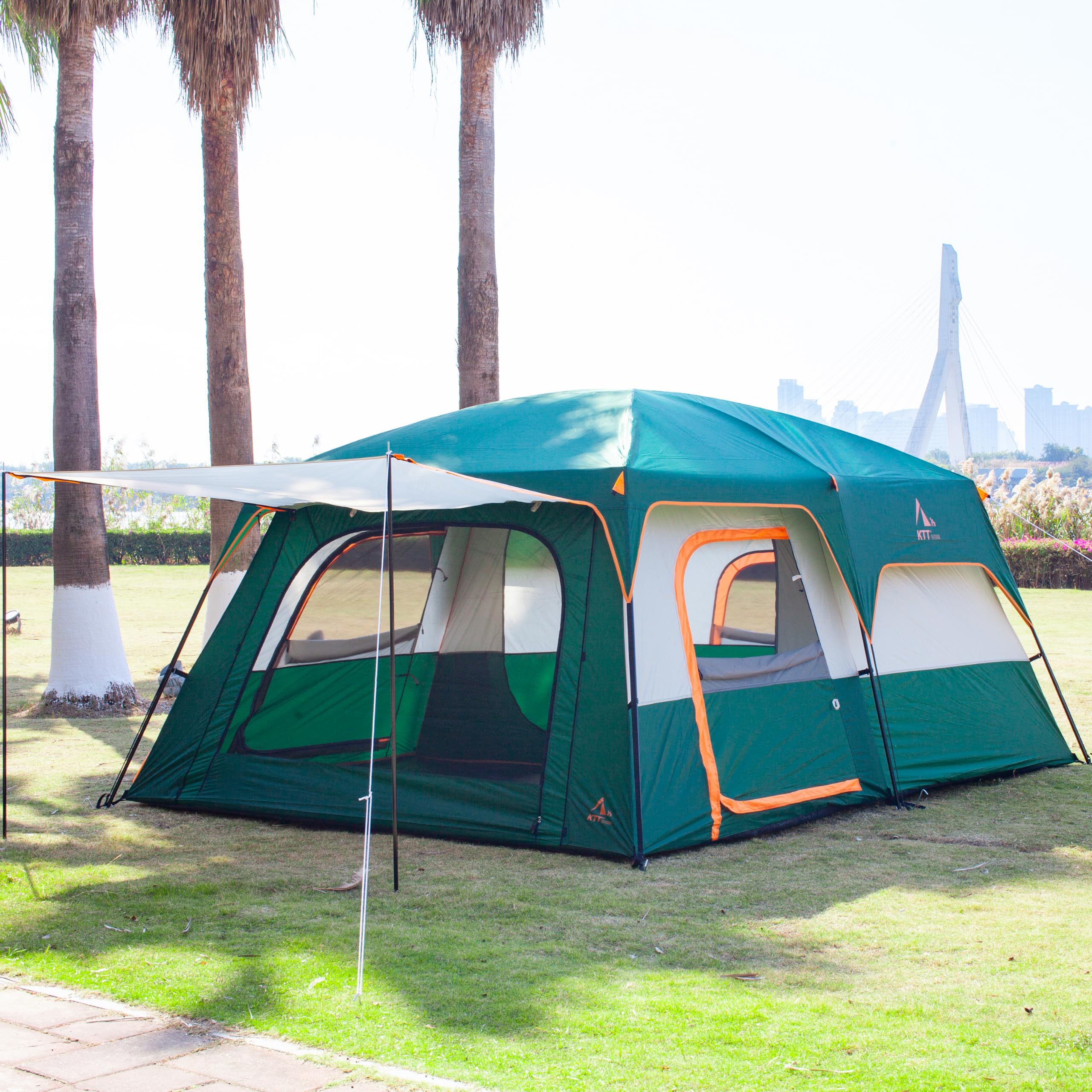 KTT Extra Large Family Cabin Tent for 10-12-14 People (Style-B) - 2 Rooms, 3 Doors & 3 Windows with Mesh, Straight Wall Design, Waterproof Double Layer - Perfect for Camping, Picnics, Outdoor Adventures & Family Gatherings