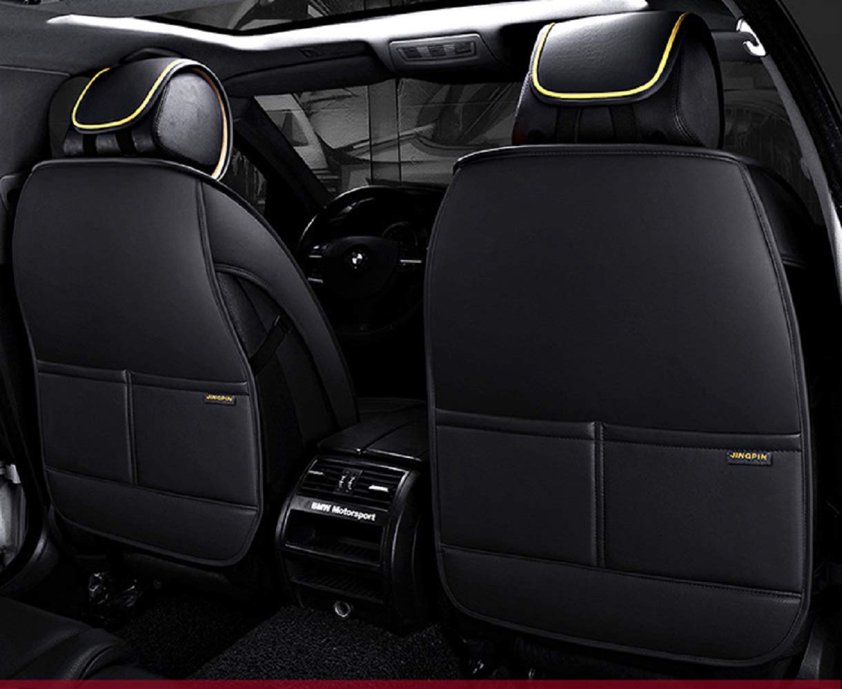 Premium OWL PU Leather Car Seat Covers Full Set (5 Seats) - Waterproof Front & Back Seat Protectors for Most Cars & SUVs | Includes 2 Lumbar Pillows, 2 Headrest Cushions & Steering Wheel Cover (Black-Yellow) | Perfect for Road Trips, Daily Commuting & Family Protection
