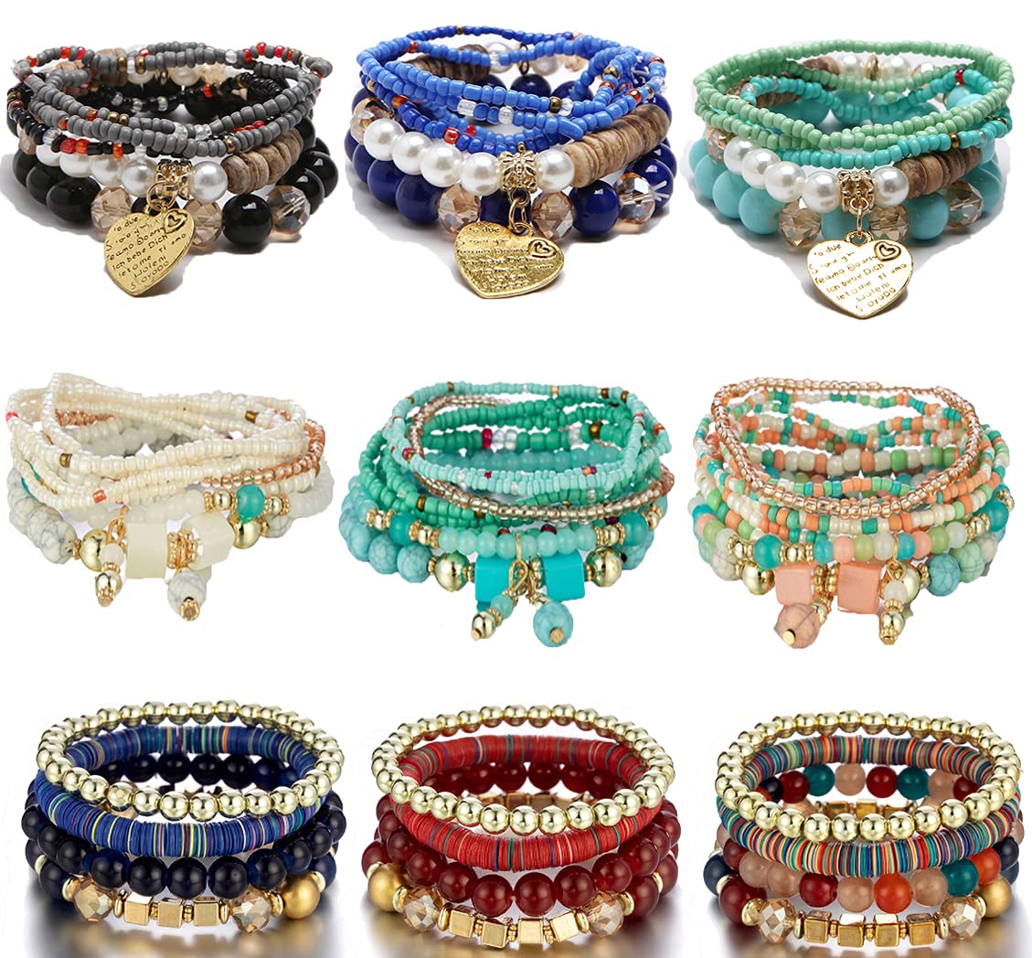 WAINIS 9 Pack Bohemian Stackable Bracelets for Women - Multilayer Beaded Stretch Bangles Set with Colorful Beads | Perfect for Festival, Beach, Boho Chic Outfits and Gift Giving