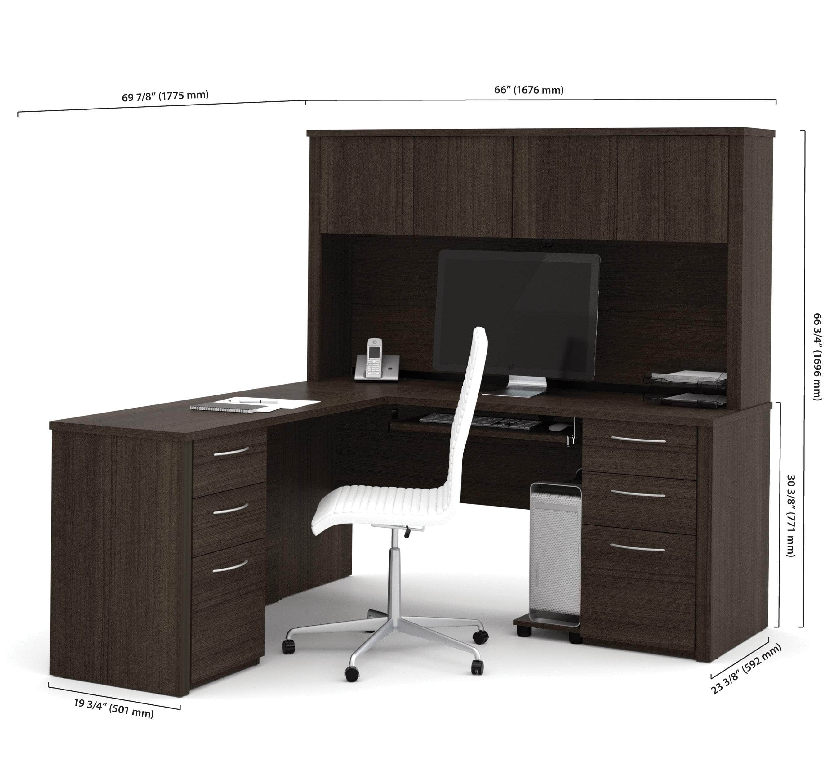 66W L-Shaped Office Desk with 2 Pedestals & Hutch in Dark Chocolate - Perfect for Home Office, Gaming Setup, and Small Workspace Organization