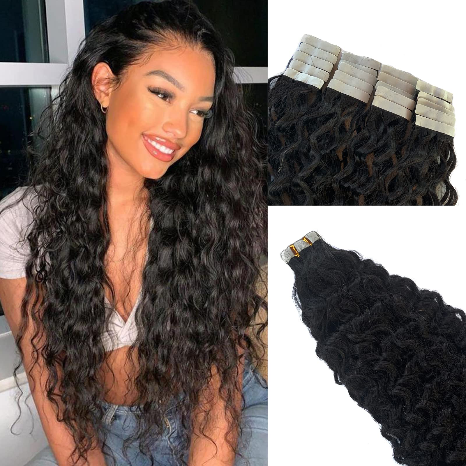14 Inch Water Wave Tape in Human Hair Extensions - 20PCS Double Sided Loose Curly Brazilian Hair Weft (9A Quality, 50G) for Black Women - Perfect for Daily Styling, Parties & Special Occasions