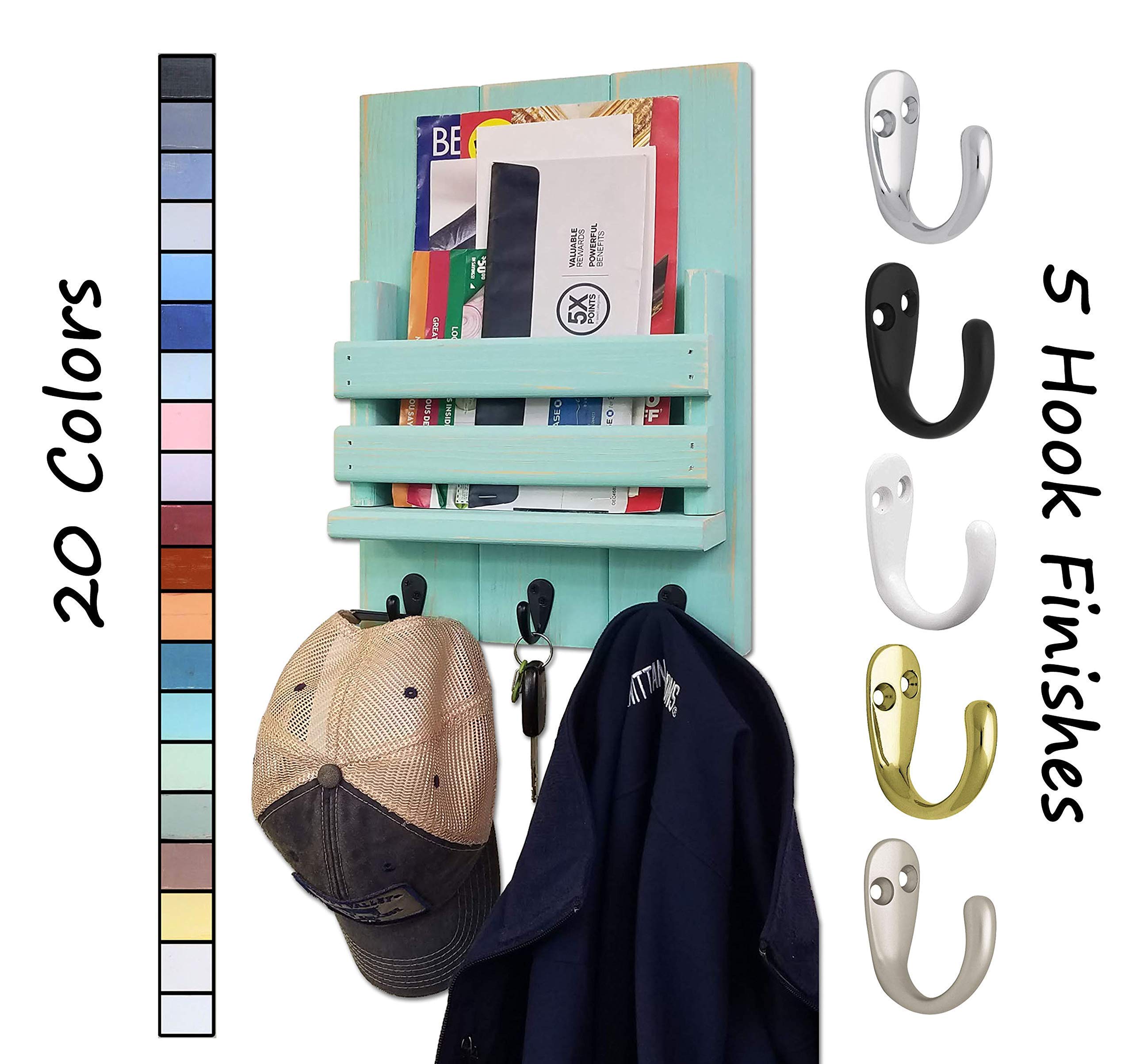 Sydney Slat Front Wall Mail Holder with Hooks - 20 Color Options (Sea Blue Shown) - Durable Mail Organizer & Key Holder for Home, Office, or Entryway Organization