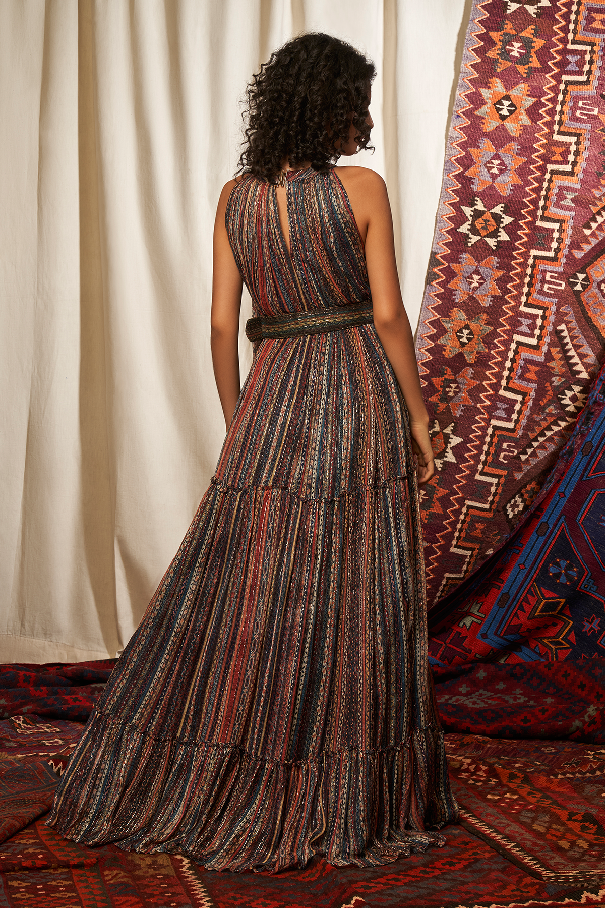 Elegant Stripes Print Saree Maxi Dress with Adjustable Belt for Women | Indian Ethnic Party Wear | Perfect for Weddings, Festivals & Special Occasions